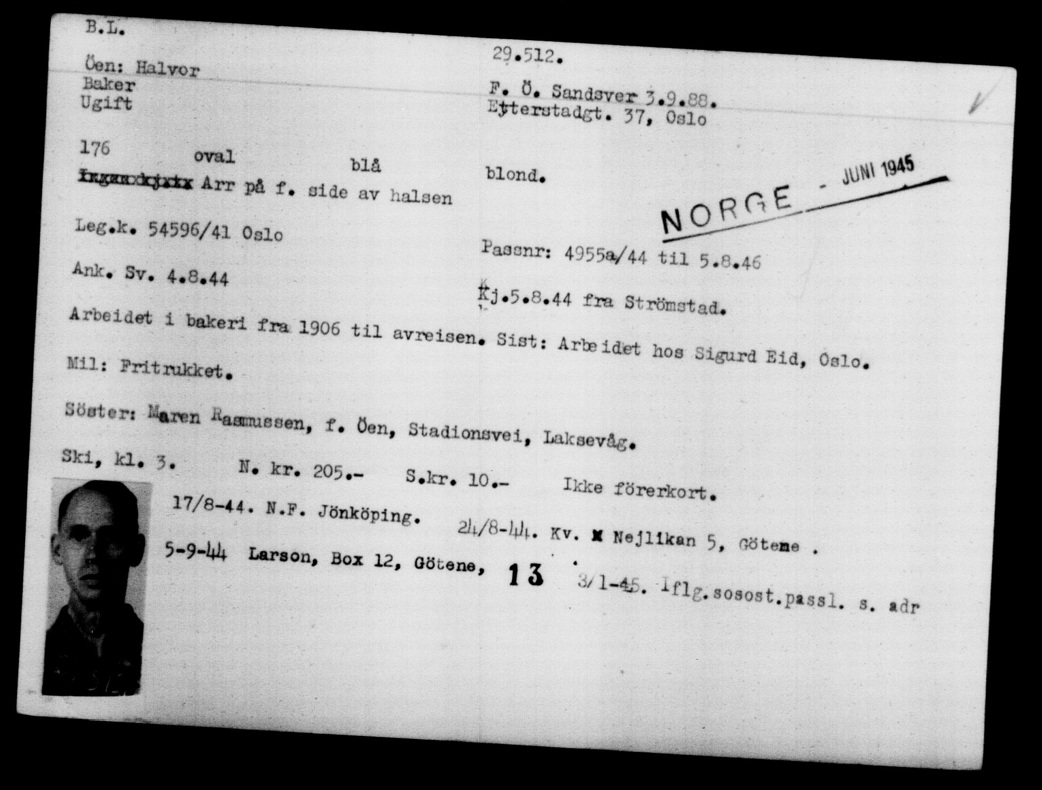 Utenriksstasjonene, Legasjonen i Stockholm, Flyktningkontoret, AV/RA-S-6753/V/Va/L0012: Kjesäterkartoteket, flyktninger med registreringsnr. 28300-31566, 1940-1945, p. 1328