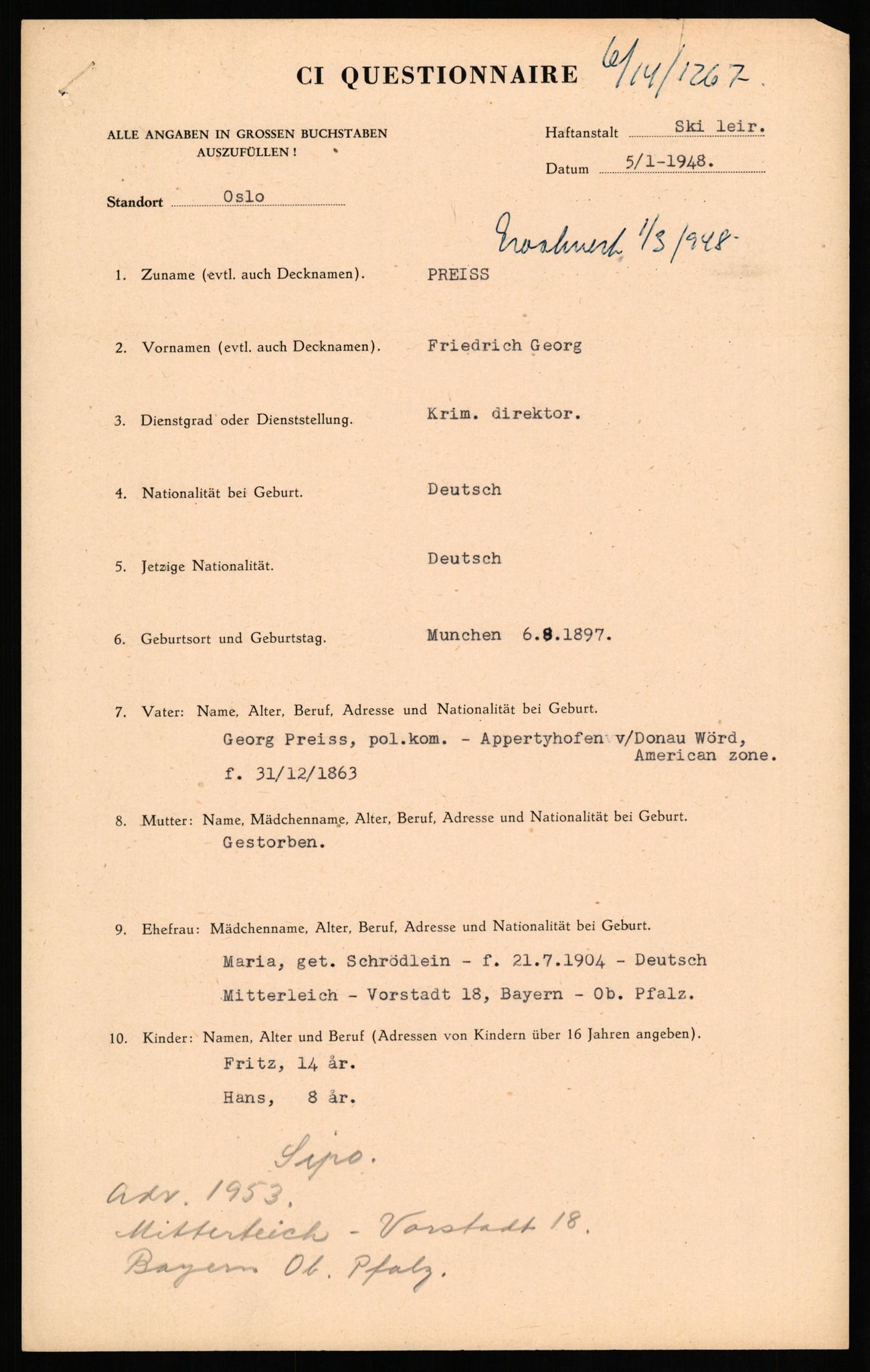 Forsvaret, Forsvarets overkommando II, AV/RA-RAFA-3915/D/Db/L0026: CI Questionaires. Tyske okkupasjonsstyrker i Norge. Tyskere., 1945-1946, p. 323