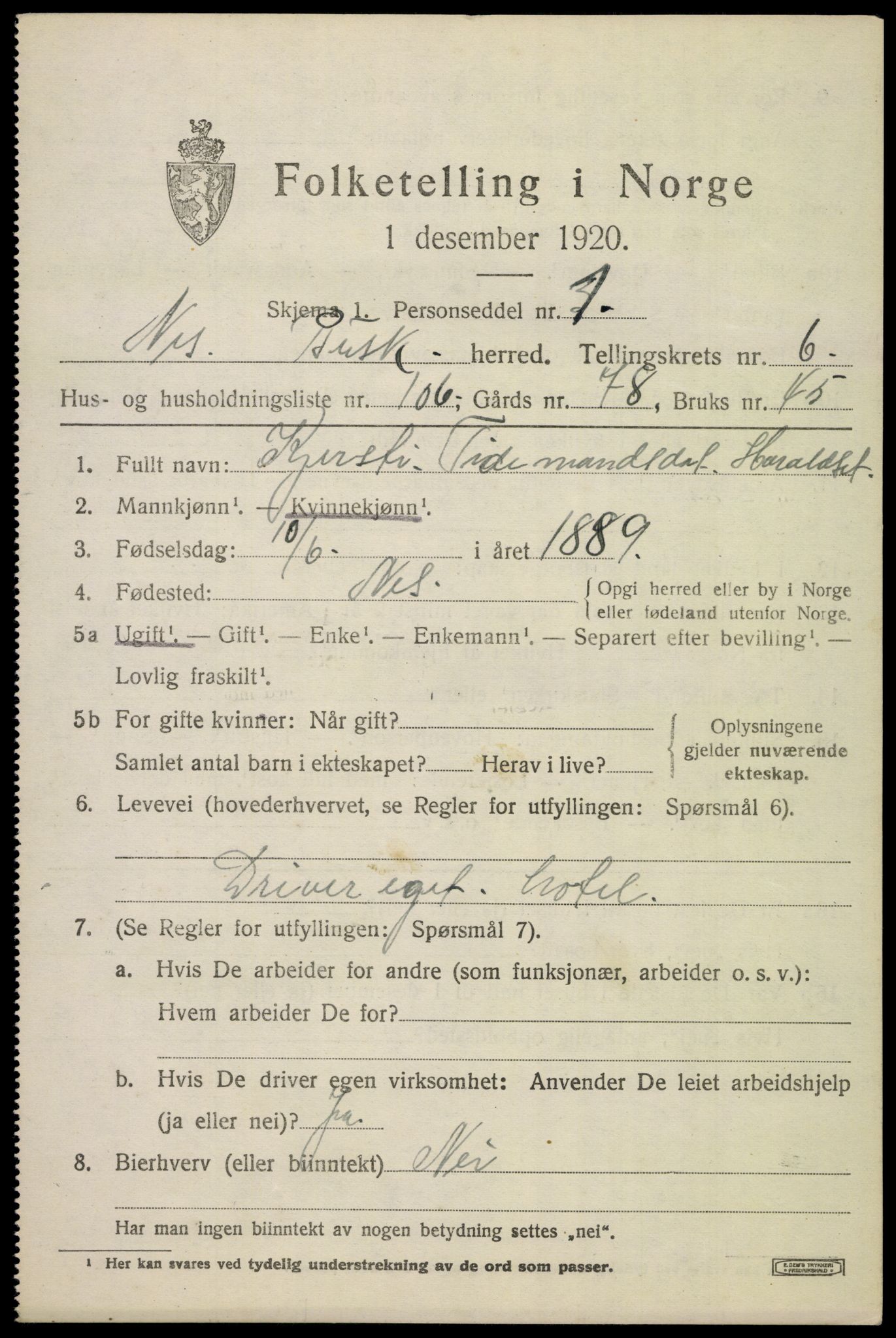 SAKO, 1920 census for Nes (Buskerud), 1920, p. 4336