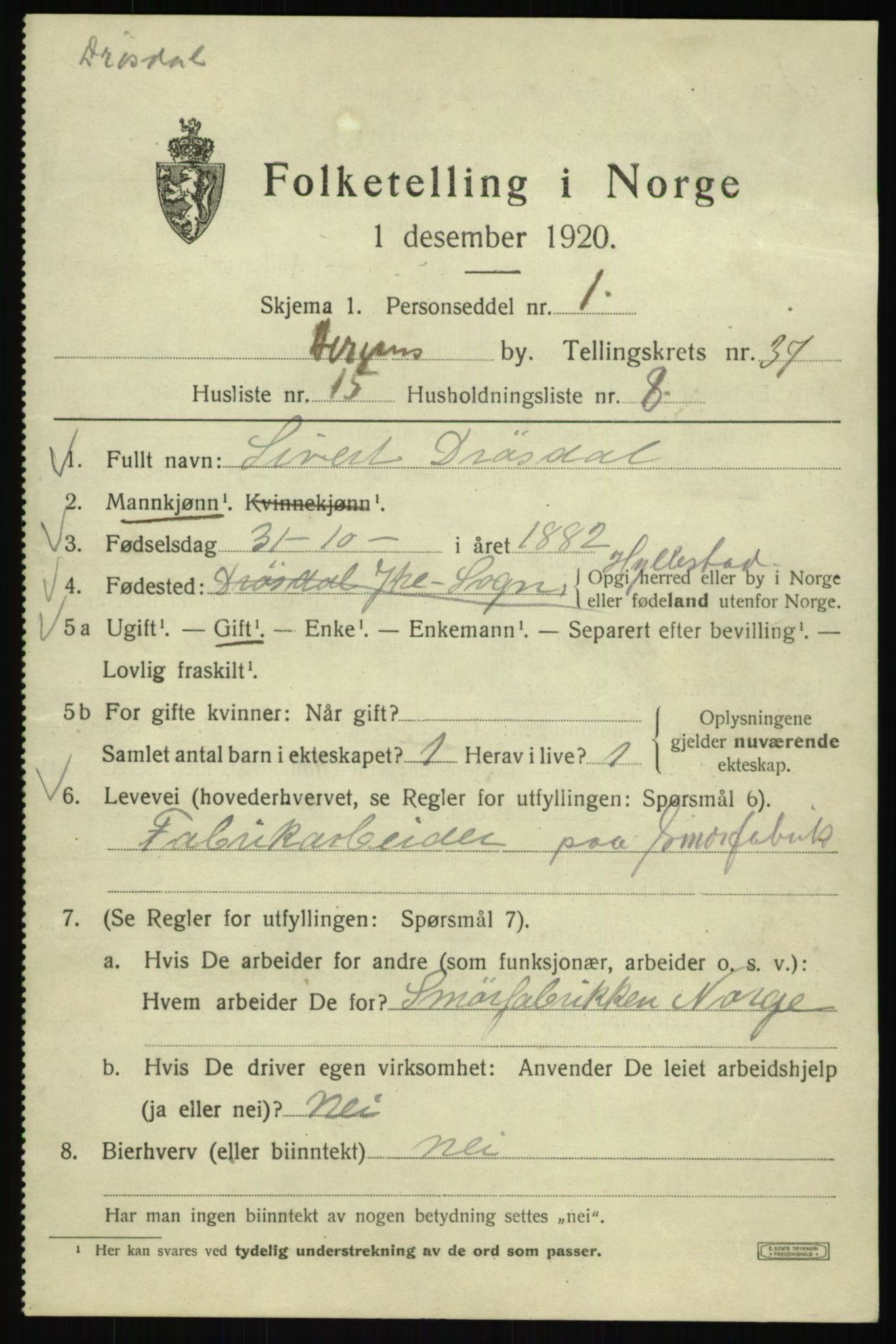 SAB, 1920 census for Bergen, 1920, p. 104396