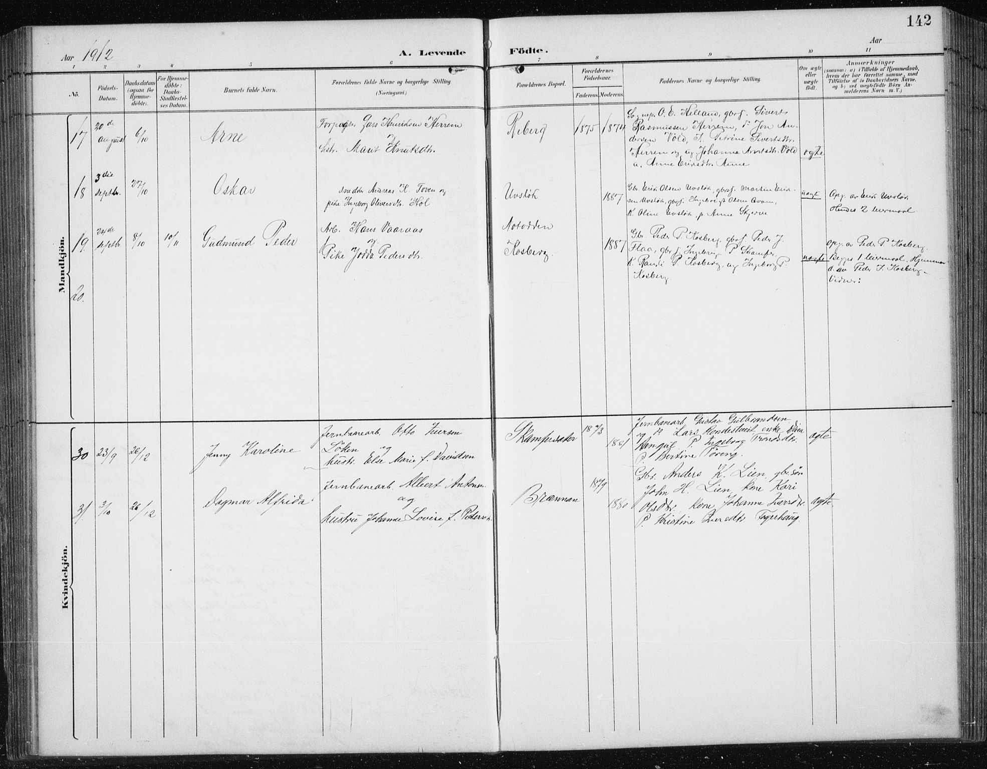 Ministerialprotokoller, klokkerbøker og fødselsregistre - Sør-Trøndelag, SAT/A-1456/674/L0876: Parish register (copy) no. 674C03, 1892-1912, p. 142