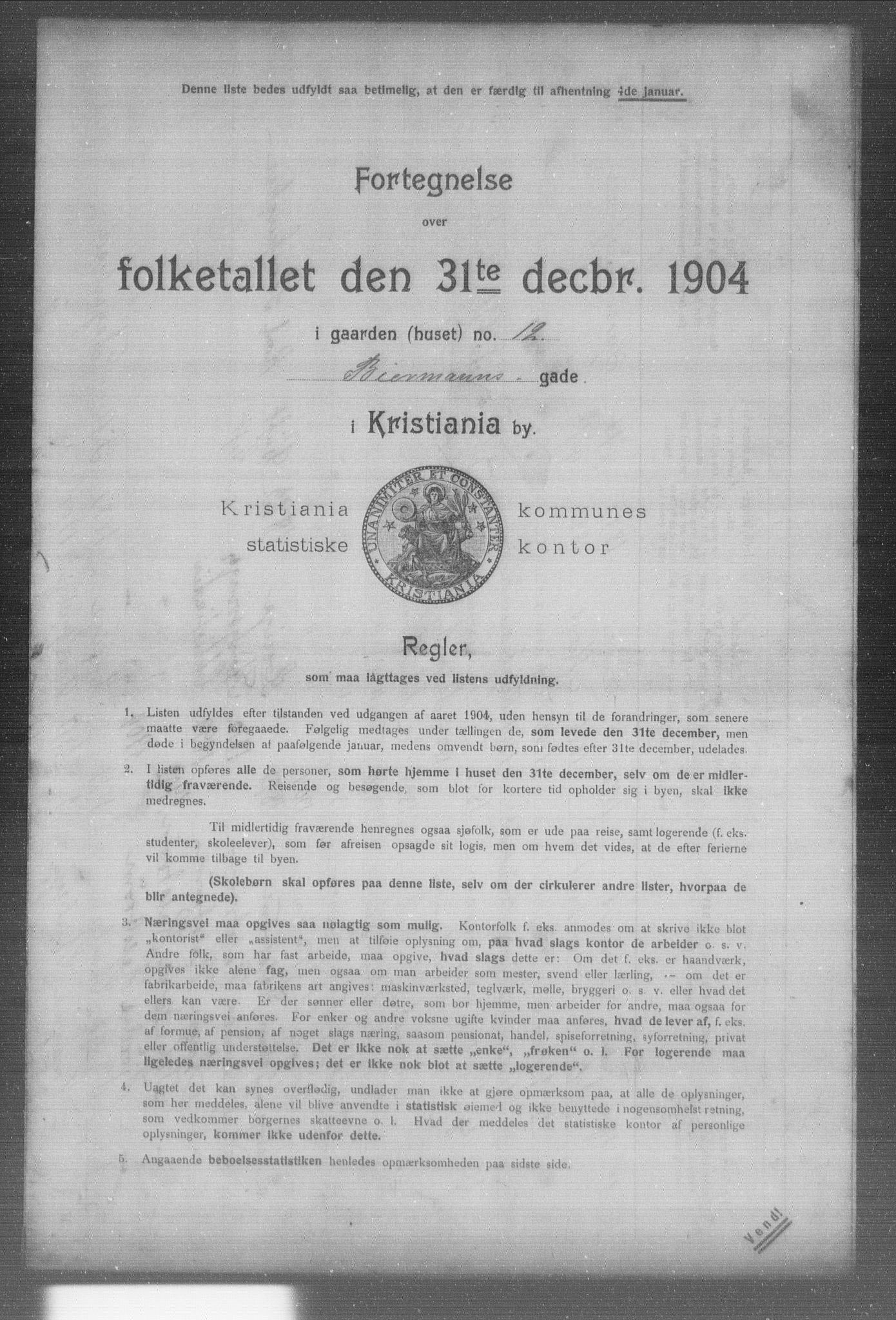 OBA, Municipal Census 1904 for Kristiania, 1904, p. 1087