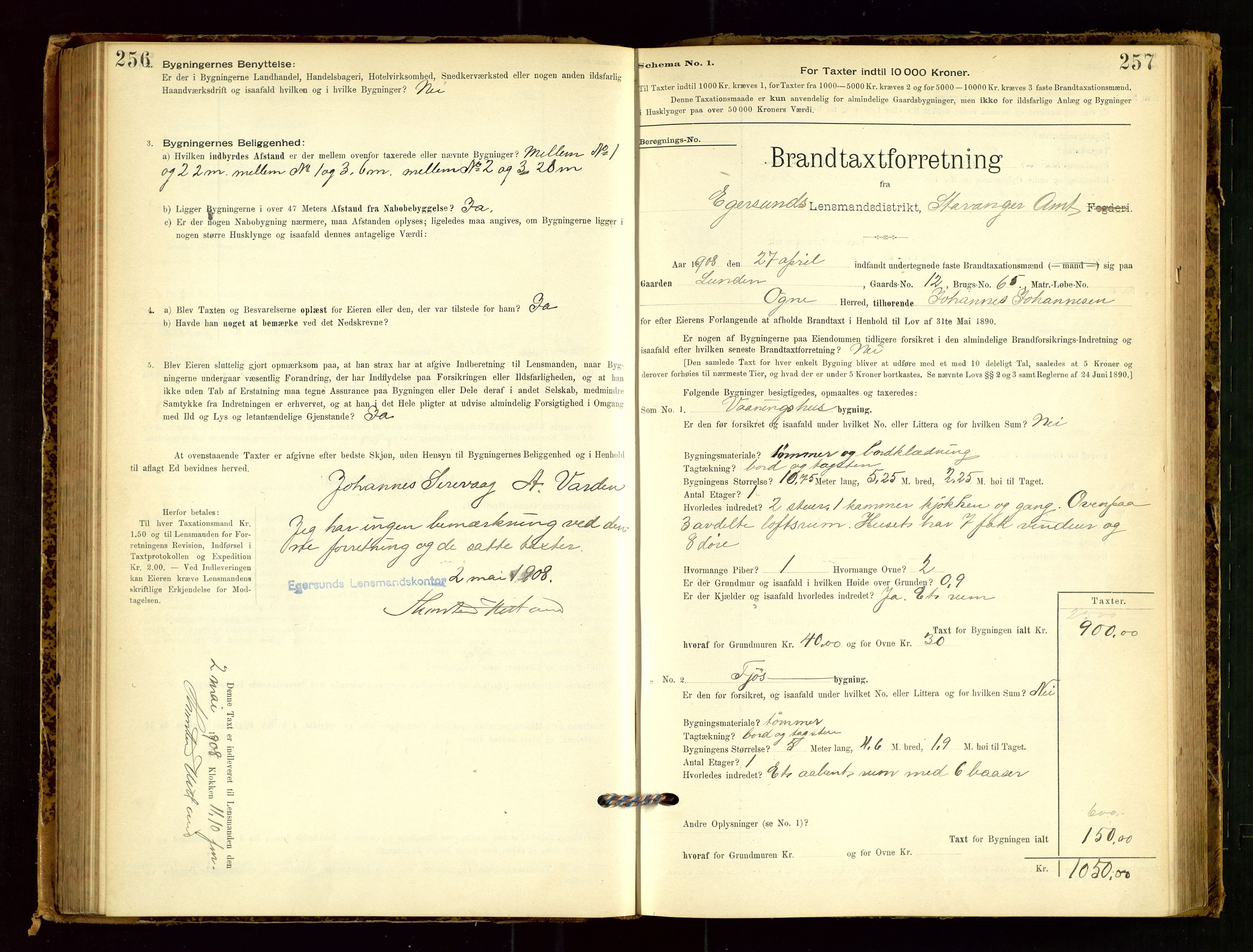 Eigersund lensmannskontor, AV/SAST-A-100171/Gob/L0001: Skjemaprotokoll, 1894-1909, p. 256-257