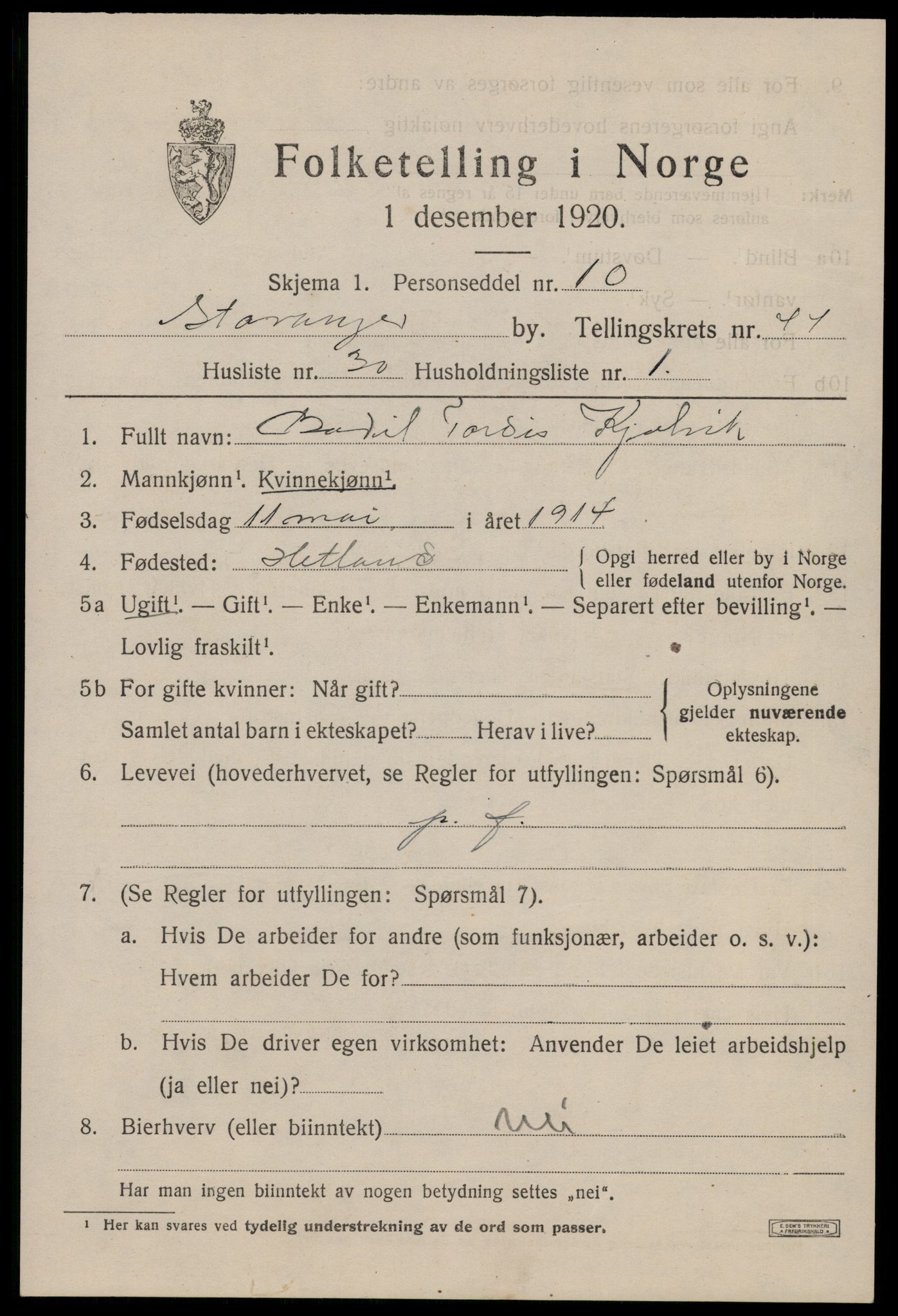 SAST, 1920 census for Stavanger, 1920, p. 108874