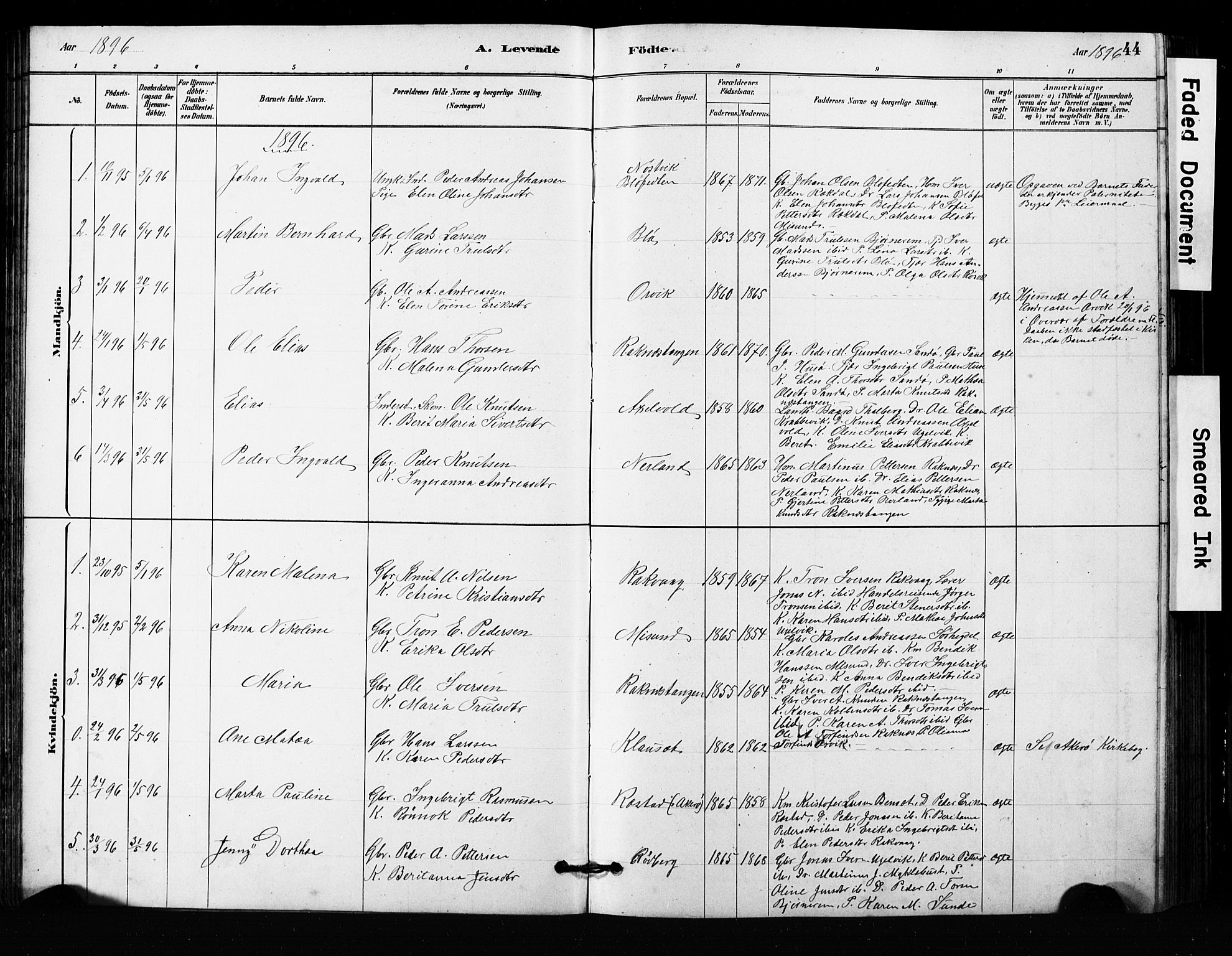 Ministerialprotokoller, klokkerbøker og fødselsregistre - Møre og Romsdal, SAT/A-1454/563/L0737: Parish register (copy) no. 563C01, 1878-1916, p. 44
