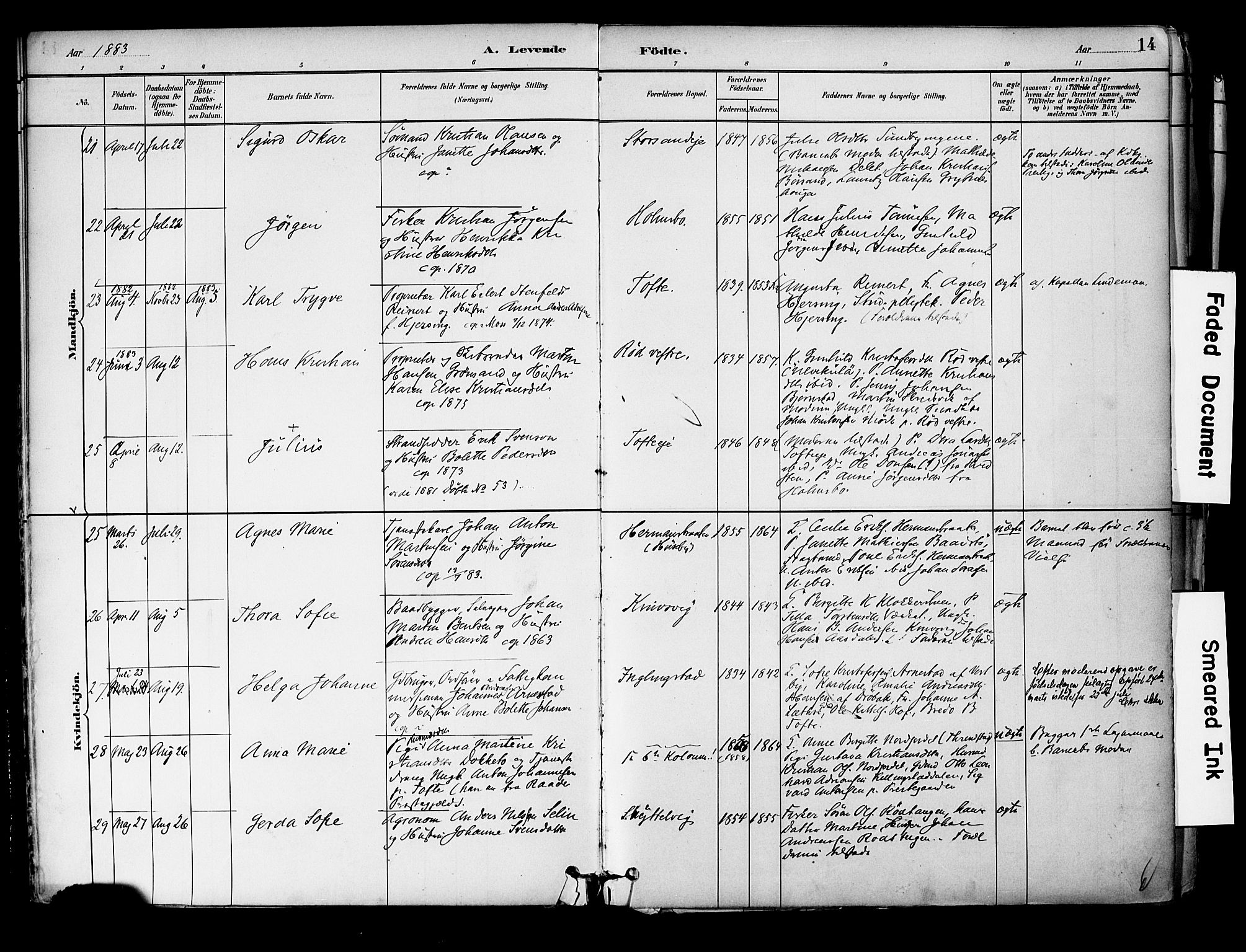 Hurum kirkebøker, SAKO/A-229/F/Fa/L0014: Parish register (official) no. 14, 1882-1895, p. 14