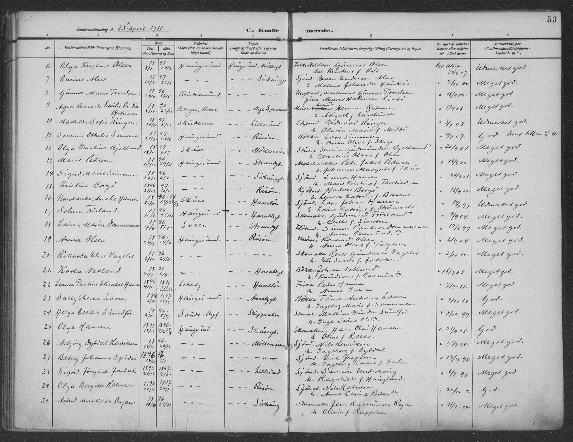 Haugesund sokneprestkontor, SAST/A -101863/H/Ha/Haa/L0007: Parish register (official) no. A 7, 1904-1916, p. 53