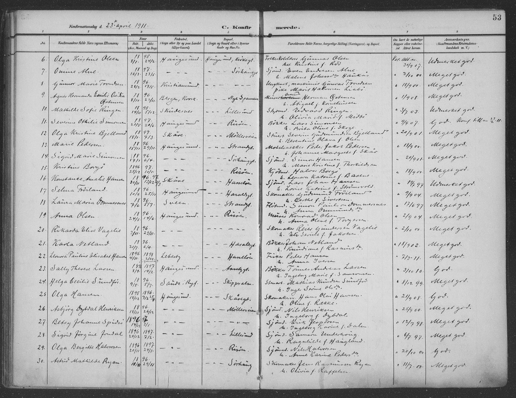 Haugesund sokneprestkontor, AV/SAST-A -101863/H/Ha/Haa/L0007: Parish register (official) no. A 7, 1904-1916, p. 53