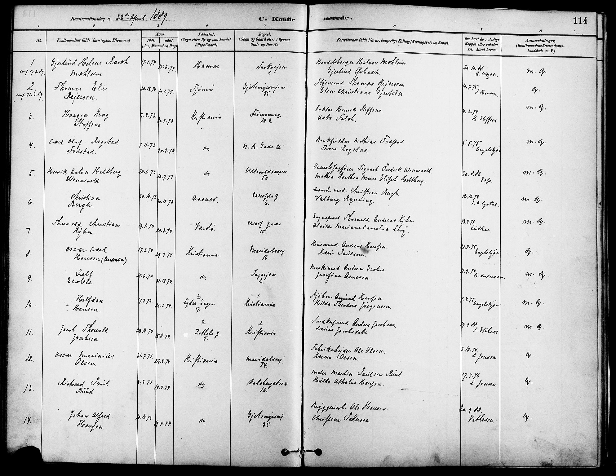Gamle Aker prestekontor Kirkebøker, SAO/A-10617a/F/L0007: Parish register (official) no. 7, 1882-1890, p. 114