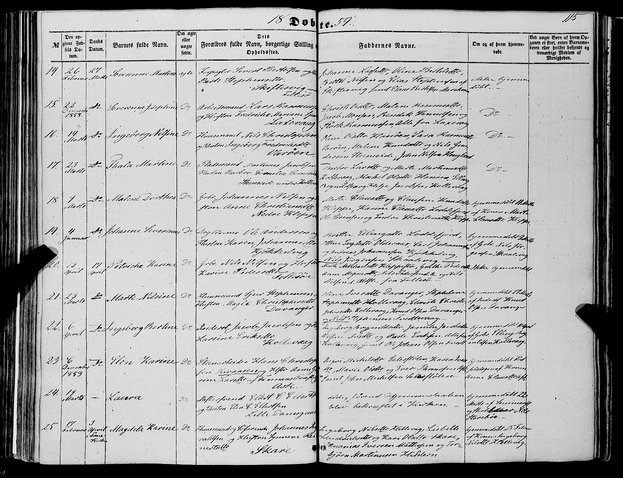 Askøy Sokneprestembete, SAB/A-74101/H/Ha/Haa/Haaa/L0008: Parish register (official) no. A 8, 1852-1862, p. 115