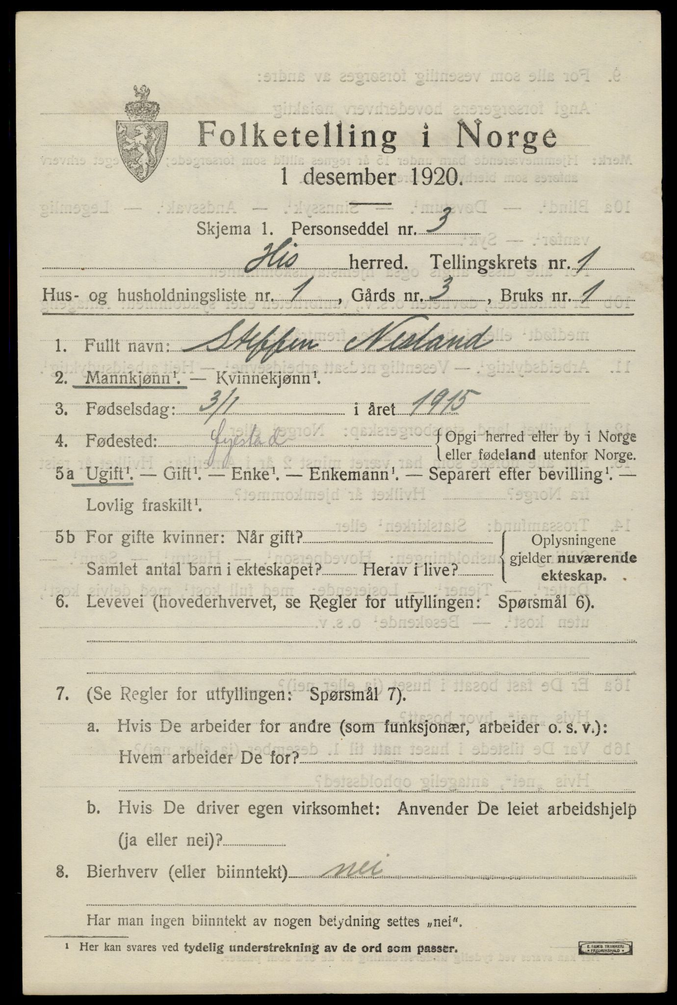 SAK, 1920 census for Hisøy, 1920, p. 1080