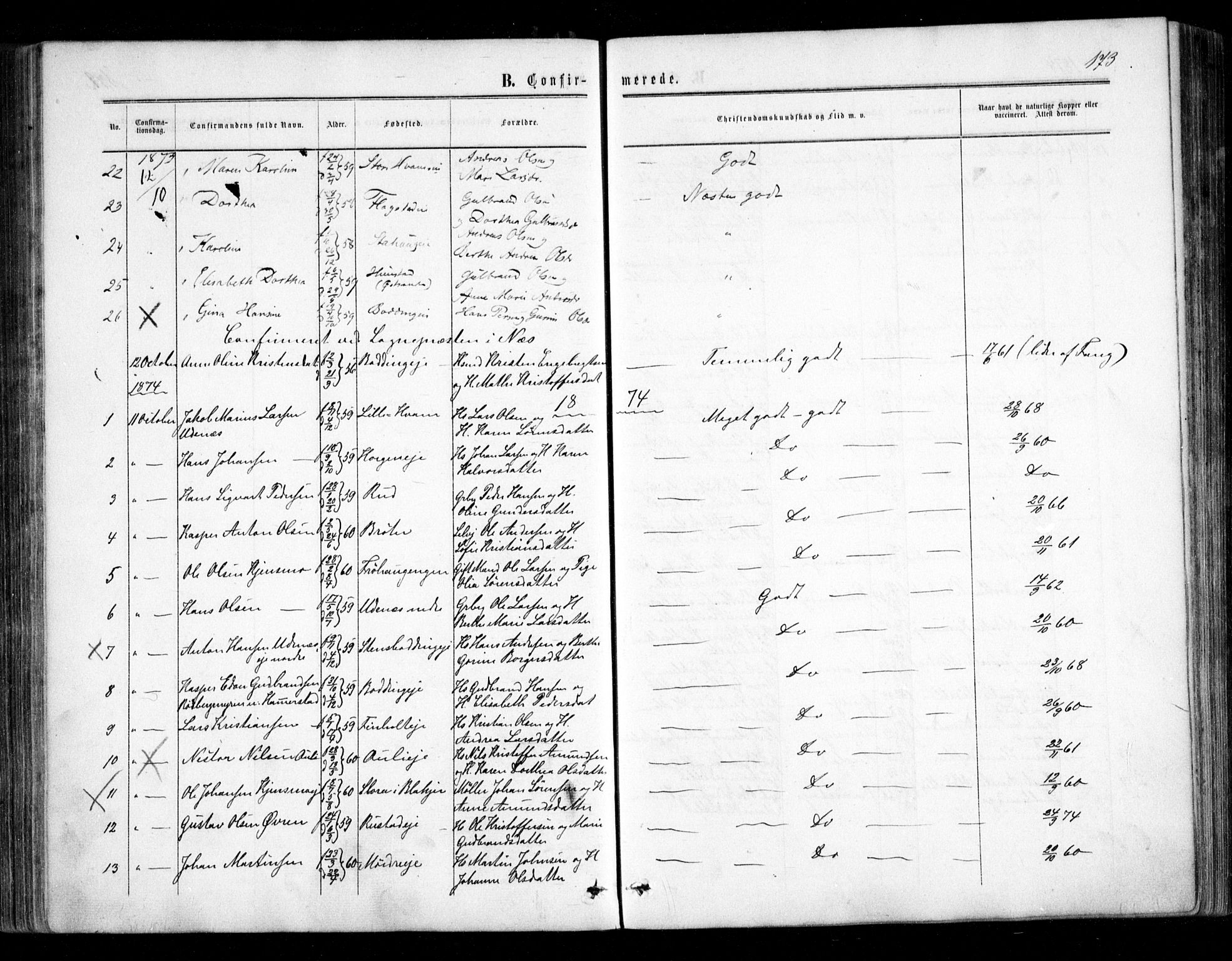 Nes prestekontor Kirkebøker, SAO/A-10410/F/Fc/L0001: Parish register (official) no. III 1, 1859-1882, p. 173