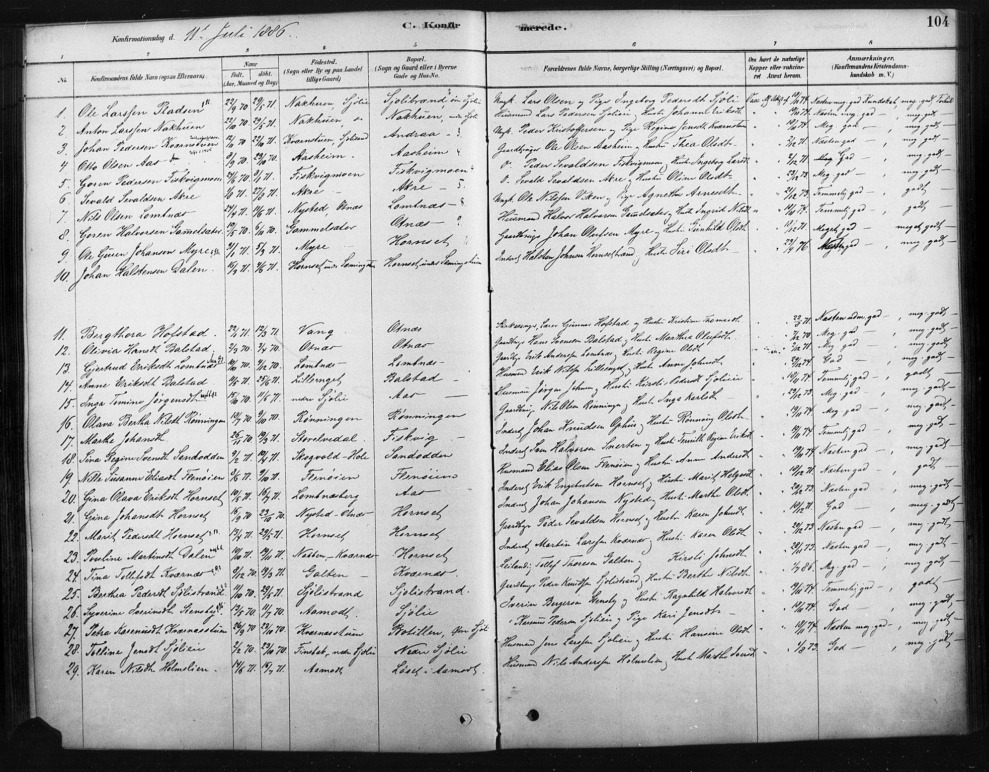 Rendalen prestekontor, SAH/PREST-054/H/Ha/Haa/L0010: Parish register (official) no. 10, 1878-1901, p. 104