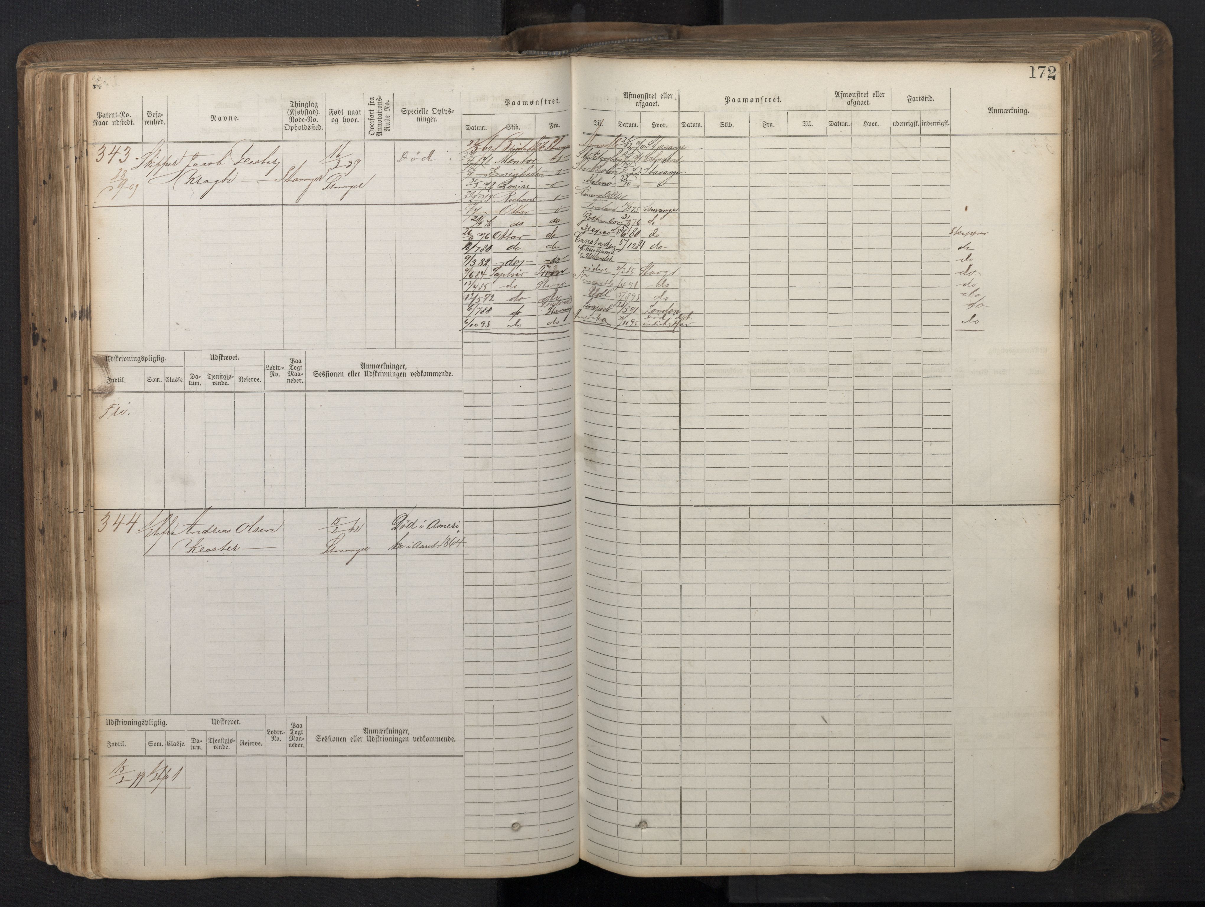 Stavanger sjømannskontor, AV/SAST-A-102006/F/Fb/Fbb/L0016: Sjøfartshovedrulle patnentnr. 1-1202 (dublett), 1869, p. 172