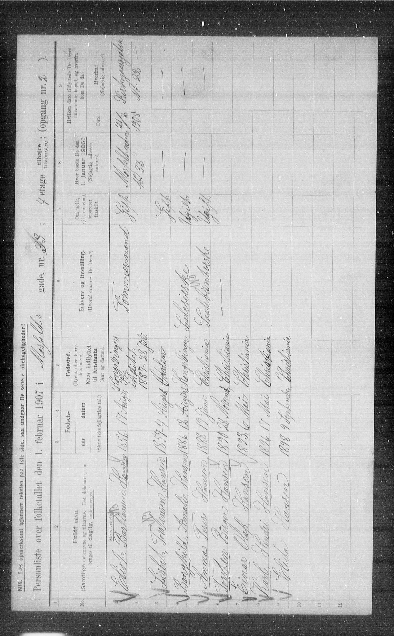 OBA, Municipal Census 1907 for Kristiania, 1907, p. 34019