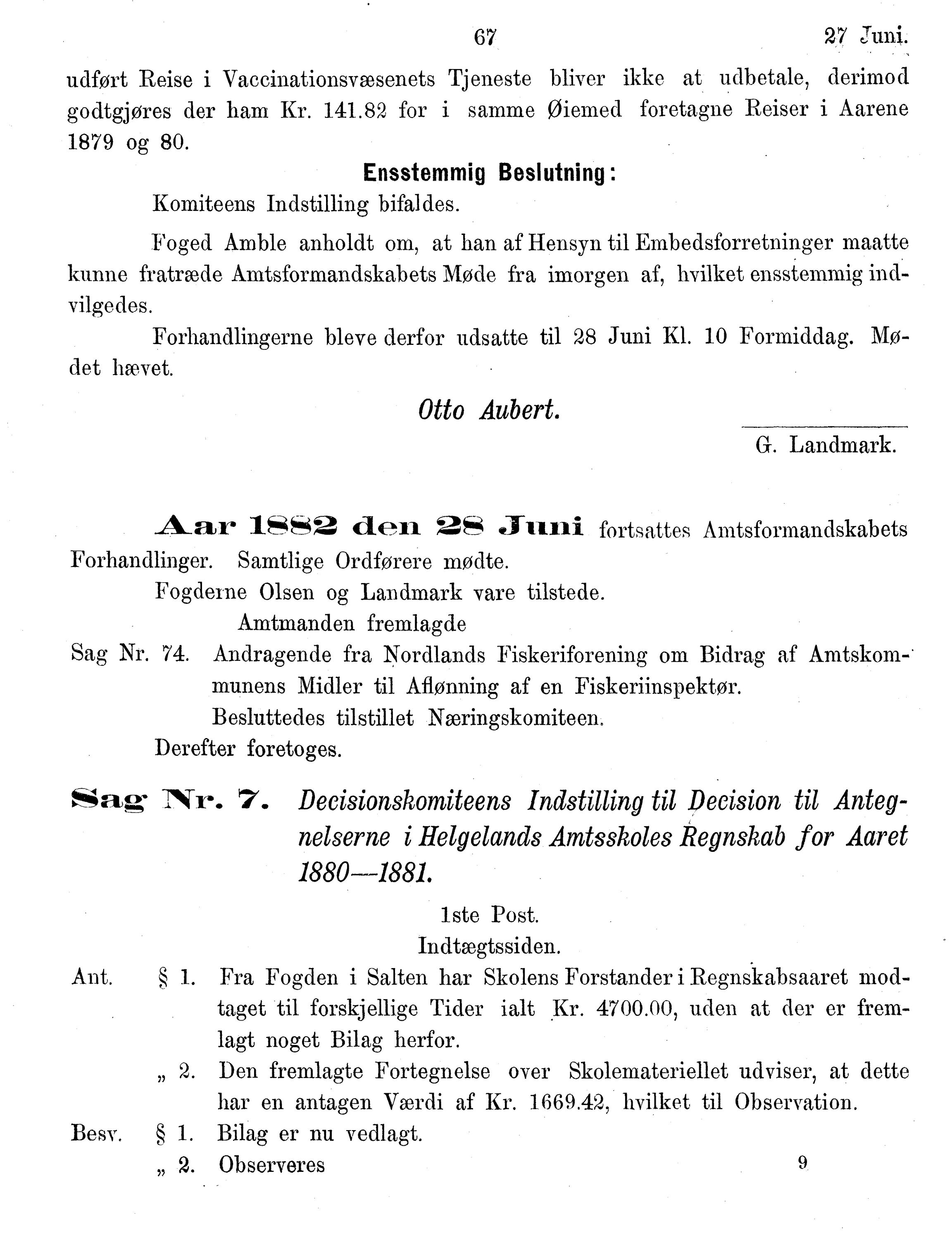 Nordland Fylkeskommune. Fylkestinget, AIN/NFK-17/176/A/Ac/L0014: Fylkestingsforhandlinger 1881-1885, 1881-1885, p. 67