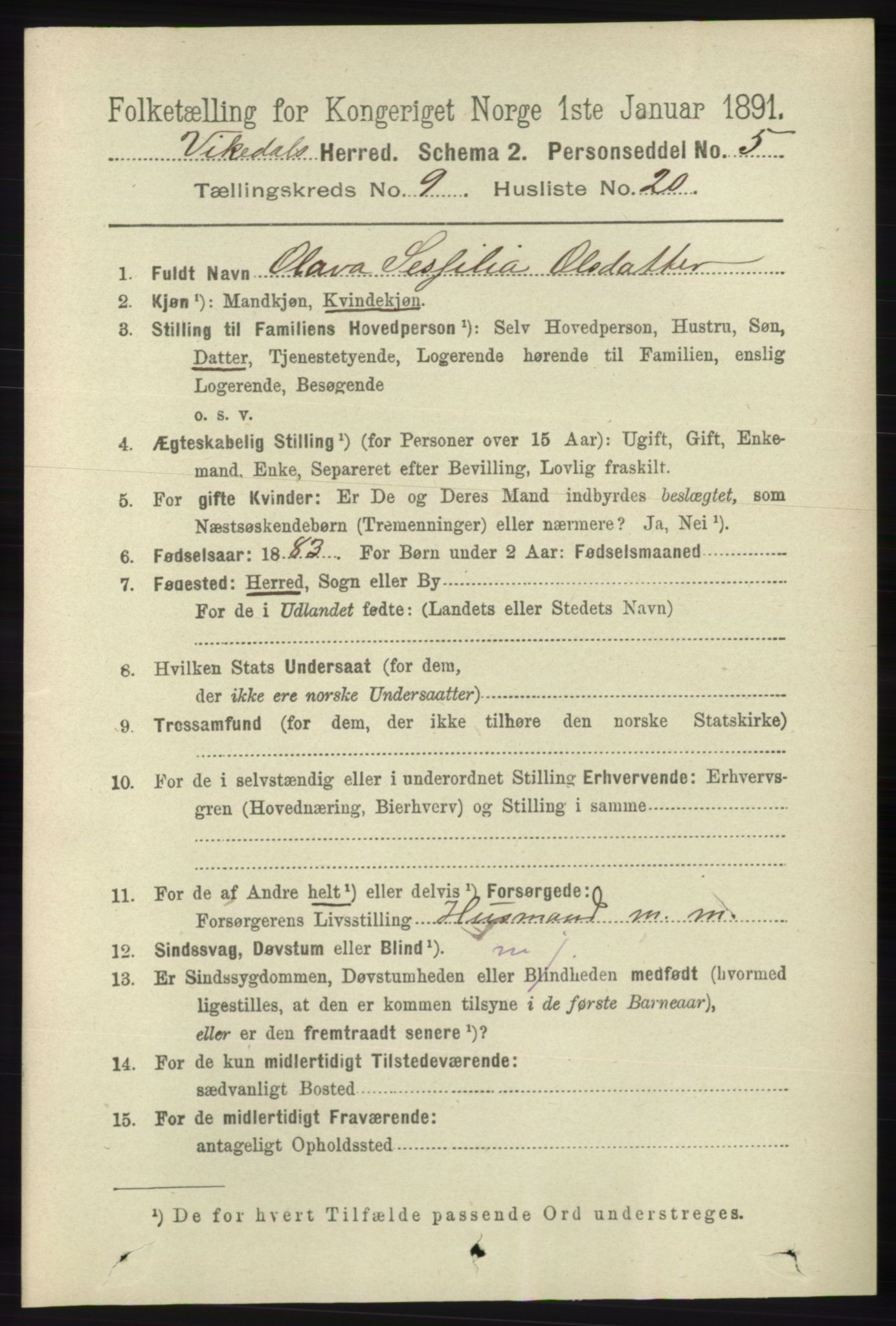 RA, 1891 census for 1157 Vikedal, 1891, p. 2458