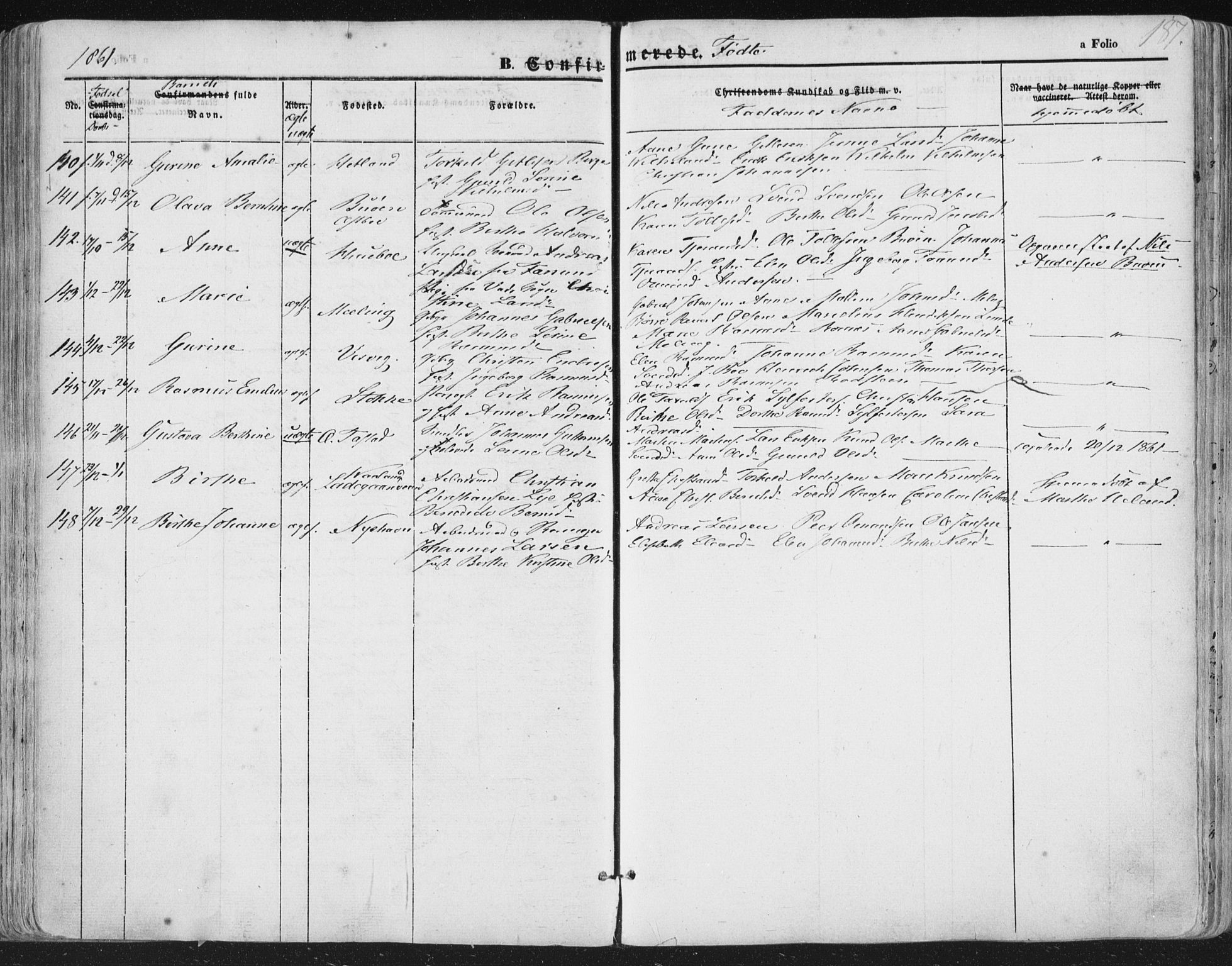 Hetland sokneprestkontor, AV/SAST-A-101826/30/30BA/L0002: Parish register (official) no. A 2, 1849-1869, p. 187