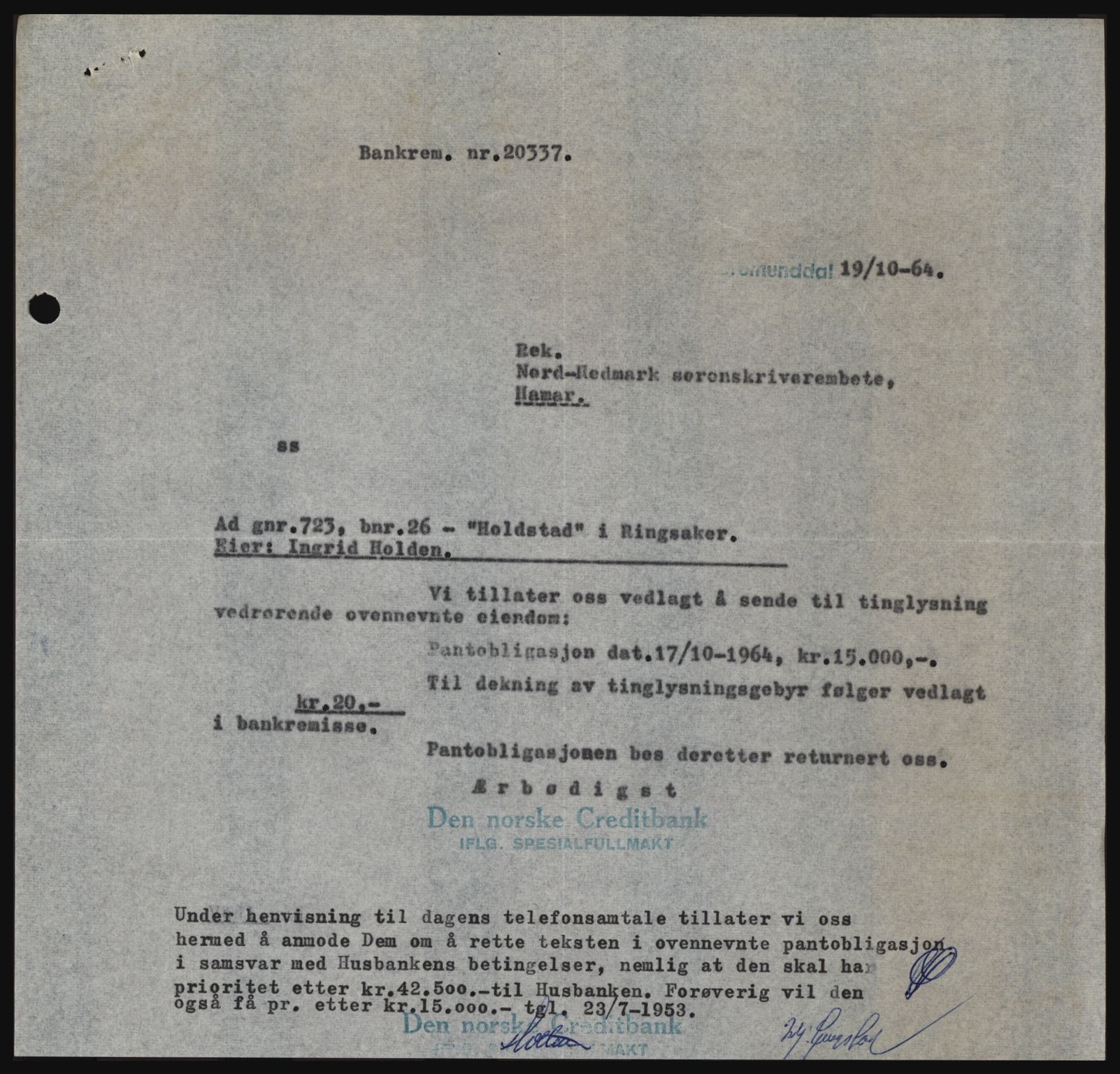 Nord-Hedmark sorenskriveri, SAH/TING-012/H/Hc/L0020: Mortgage book no. 20, 1964-1964, Diary no: : 5208/1964