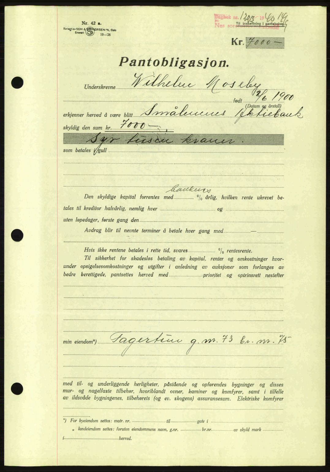 Nes tingrett, SAO/A-10548/G/Gb/Gbb/L0010: Mortgage book no. 54, 1939-1940, Diary no: : 1223/1940