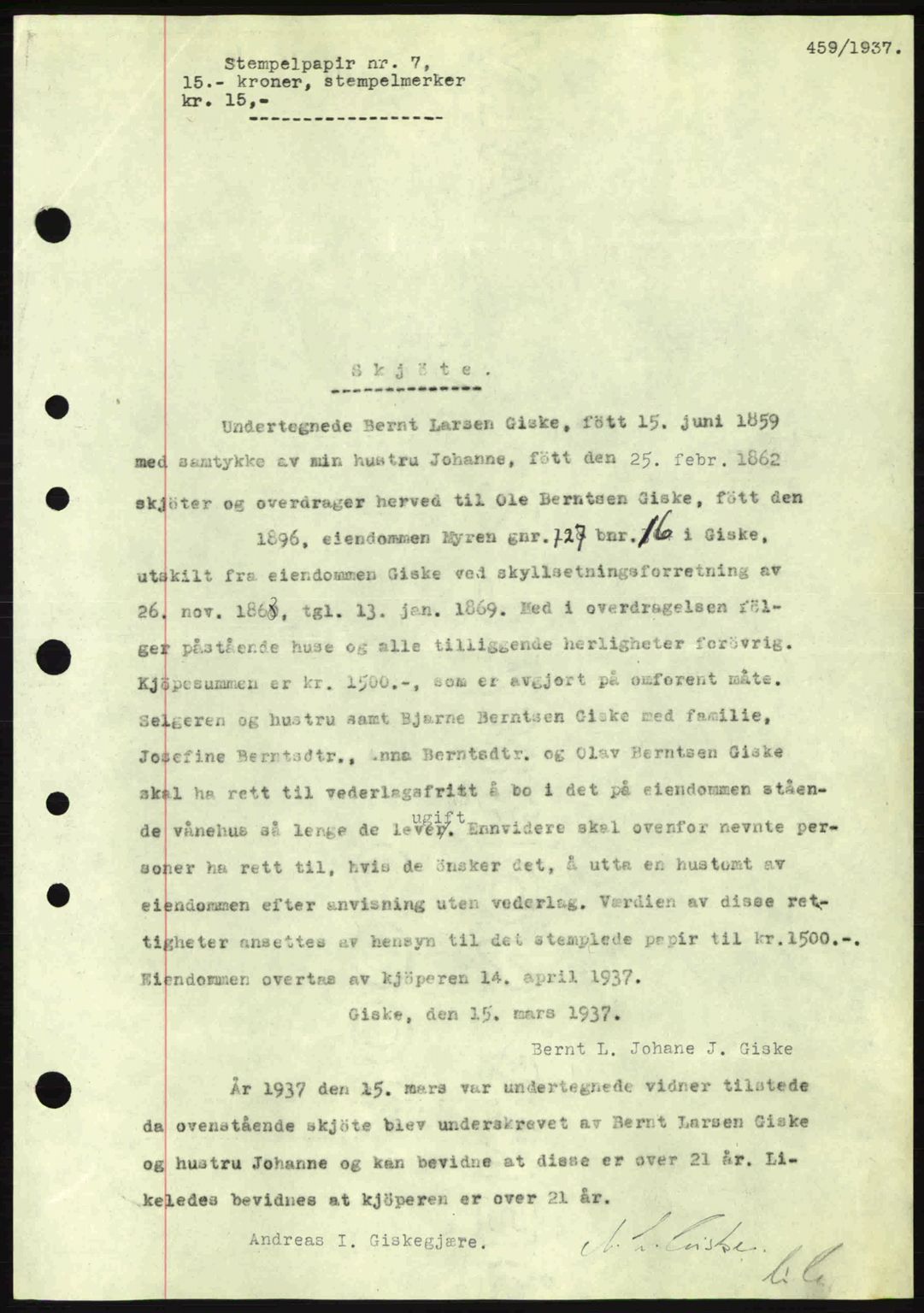 Nordre Sunnmøre sorenskriveri, AV/SAT-A-0006/1/2/2C/2Ca: Mortgage book no. A2, 1936-1937, Diary no: : 459/1937