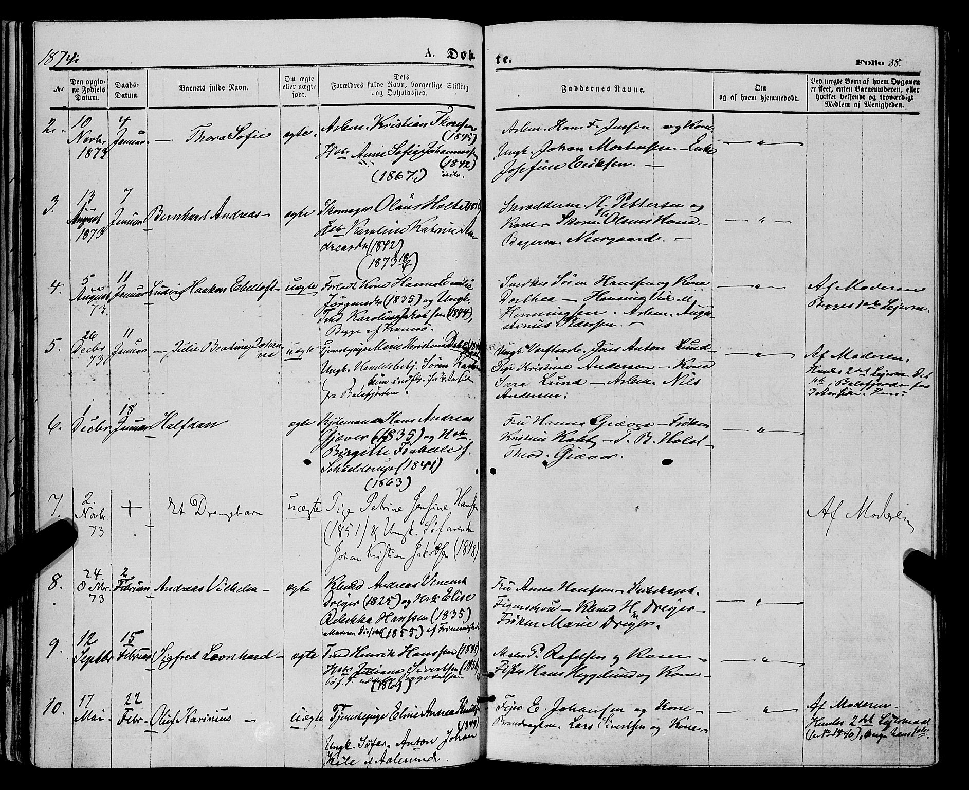 Tromsø sokneprestkontor/stiftsprosti/domprosti, SATØ/S-1343/G/Ga/L0013kirke: Parish register (official) no. 13, 1872-1877, p. 38