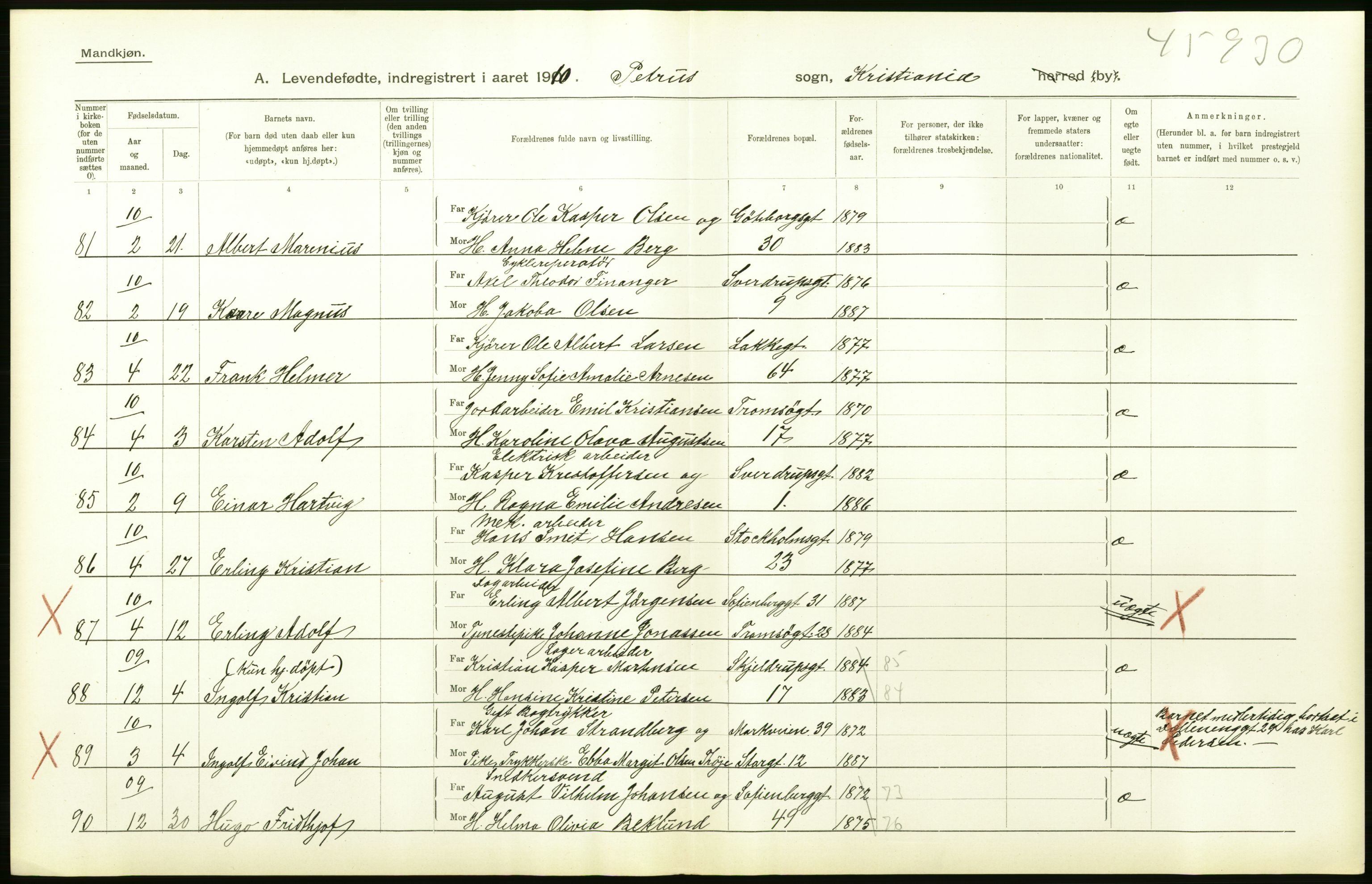 Statistisk sentralbyrå, Sosiodemografiske emner, Befolkning, AV/RA-S-2228/D/Df/Dfa/Dfah/L0006: Kristiania: Levendefødte menn., 1910, p. 404