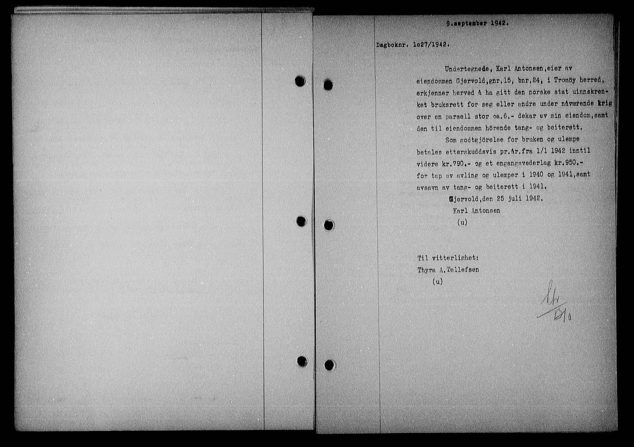 Nedenes sorenskriveri, SAK/1221-0006/G/Gb/Gba/L0049: Mortgage book no. A-III, 1941-1942, Diary no: : 1027/1942