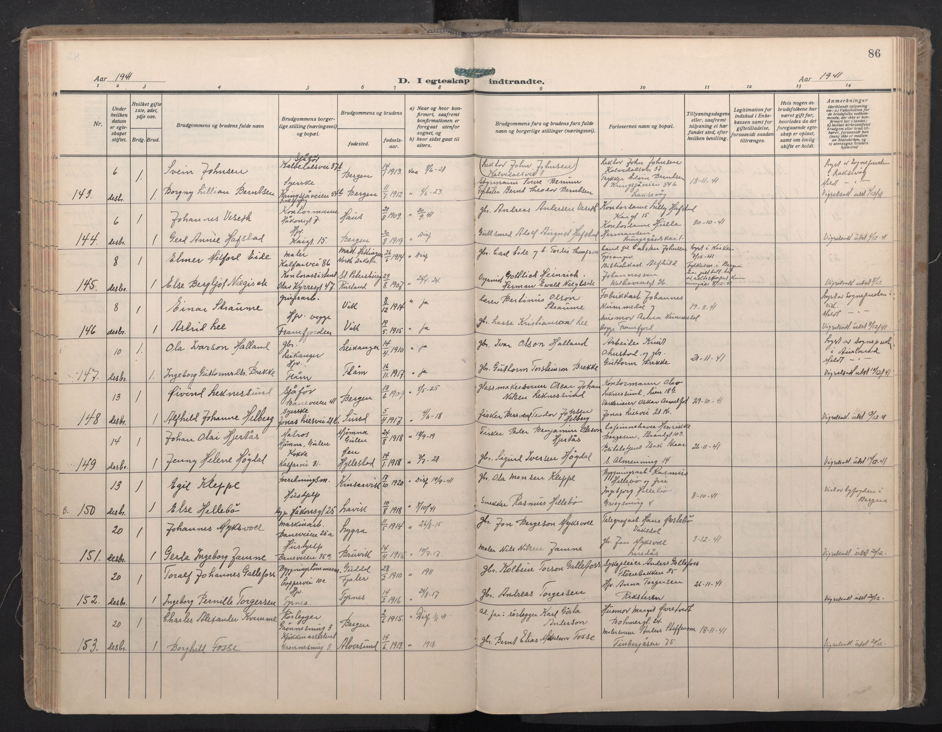 Domkirken sokneprestembete, SAB/A-74801/H/Haa: Parish register (official) no. D 7, 1937-1950, p. 85b-86a