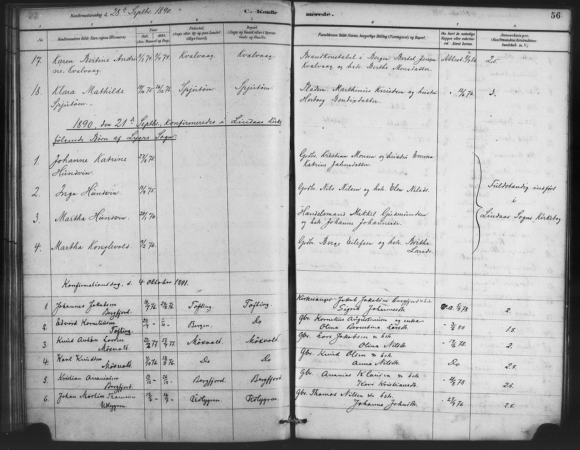 Lindås Sokneprestembete, SAB/A-76701/H/Haa: Parish register (official) no. E 1, 1886-1897, p. 56