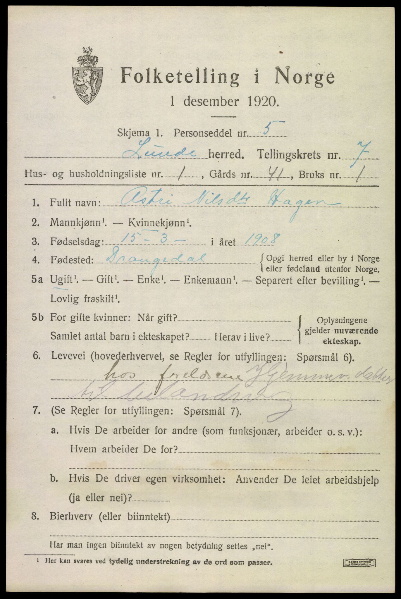 SAKO, 1920 census for Lunde, 1920, p. 4841