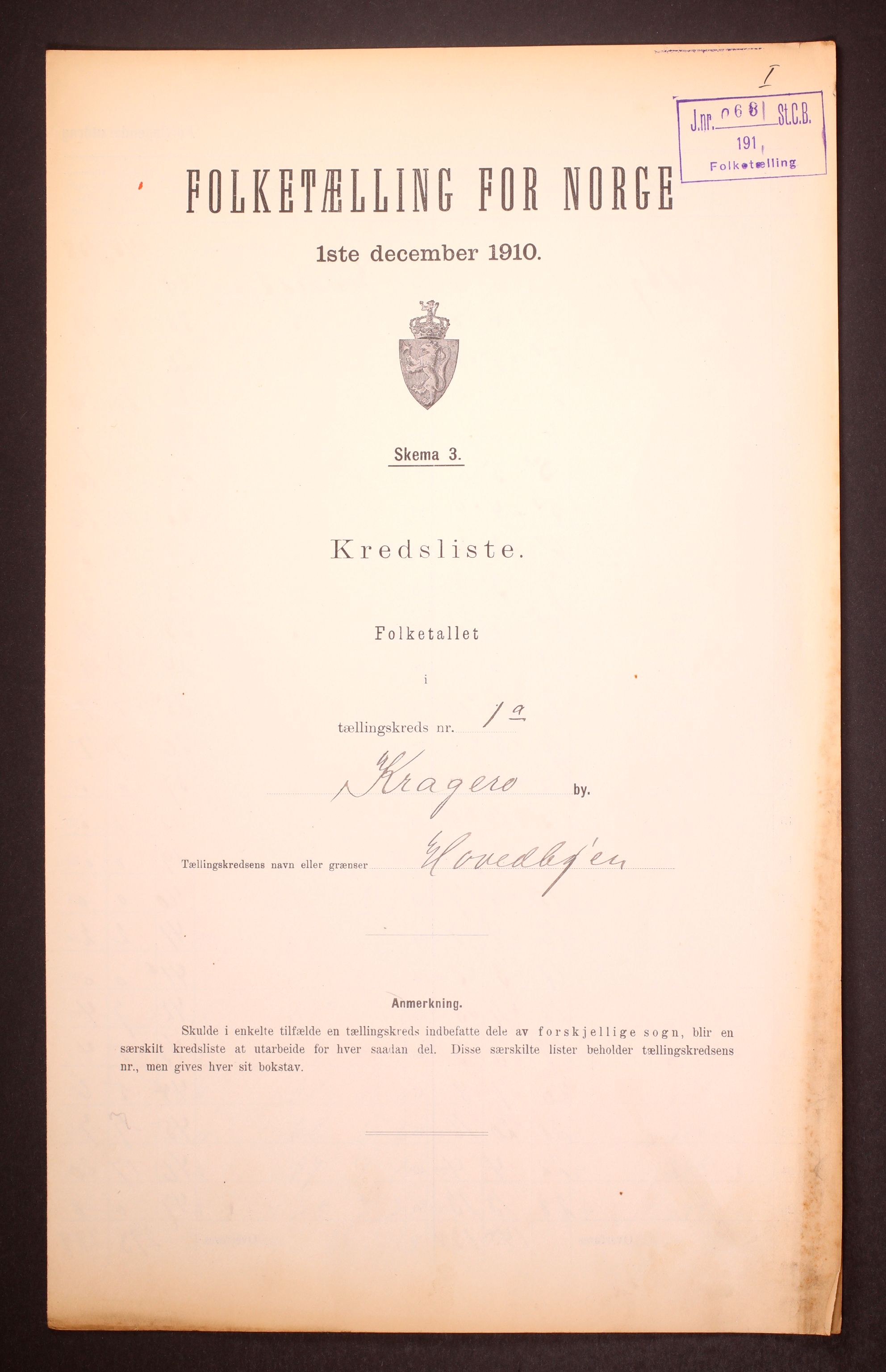 RA, 1910 census for Kragerø, 1910, p. 3