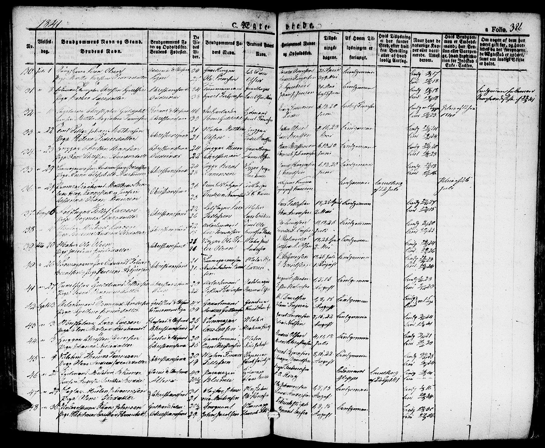 Kristiansand domprosti, SAK/1112-0006/F/Fa/L0011: Parish register (official) no. A 11, 1827-1841, p. 386