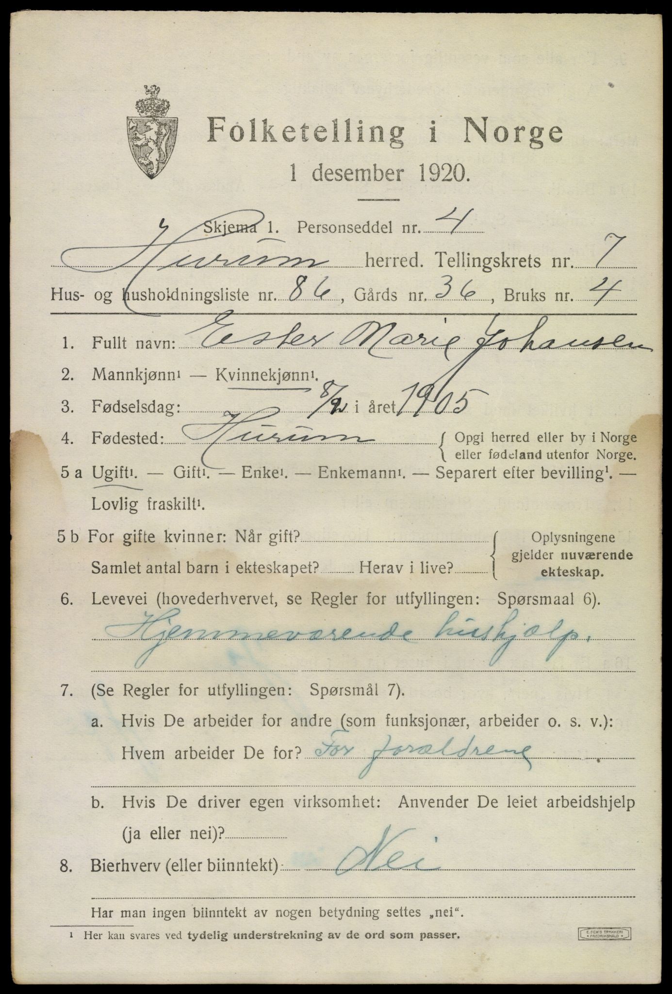 SAKO, 1920 census for Hurum, 1920, p. 10086