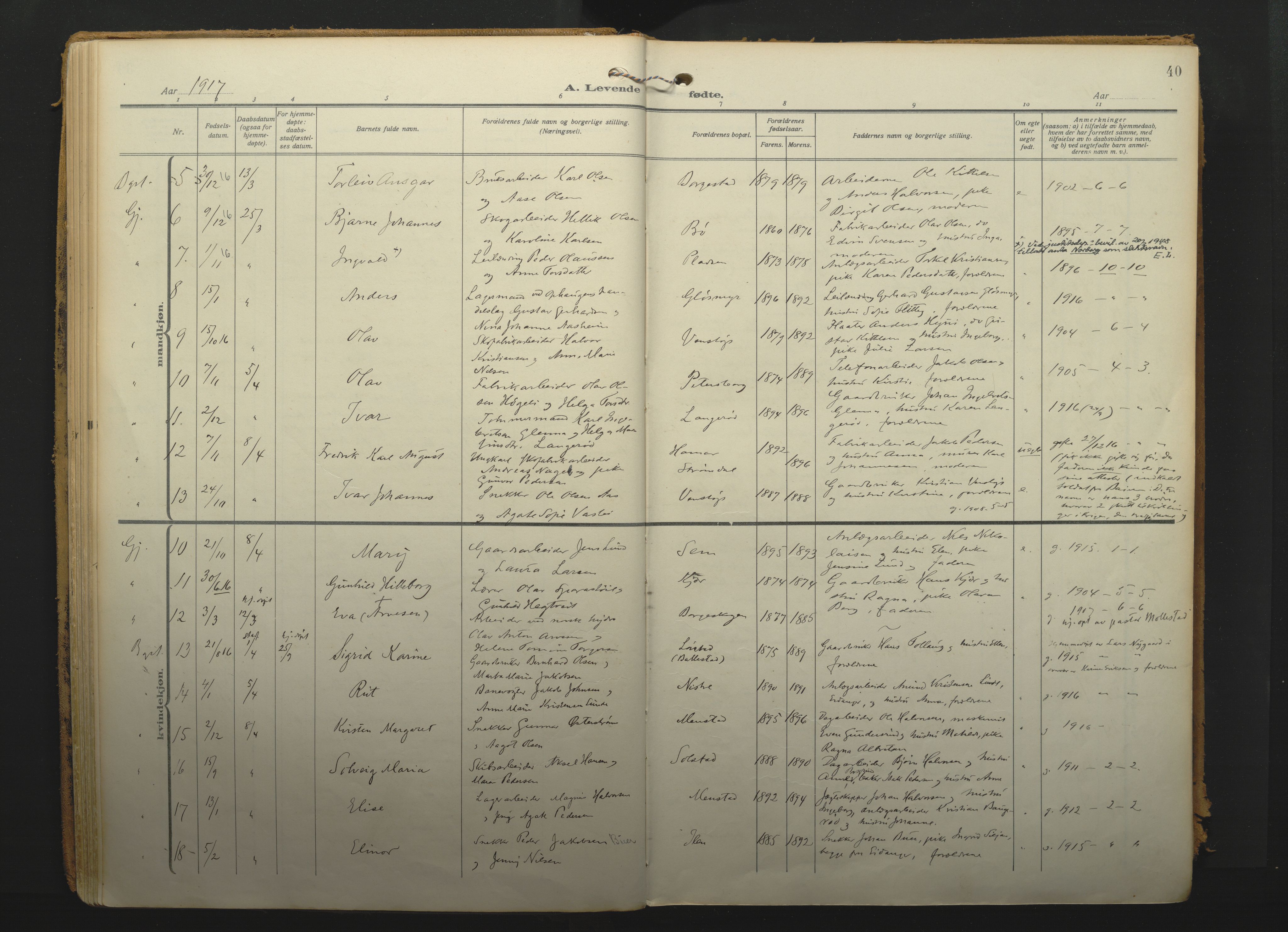 Gjerpen kirkebøker, SAKO/A-265/F/Fa/L0013: Parish register (official) no. I 13, 1914-1924, p. 40