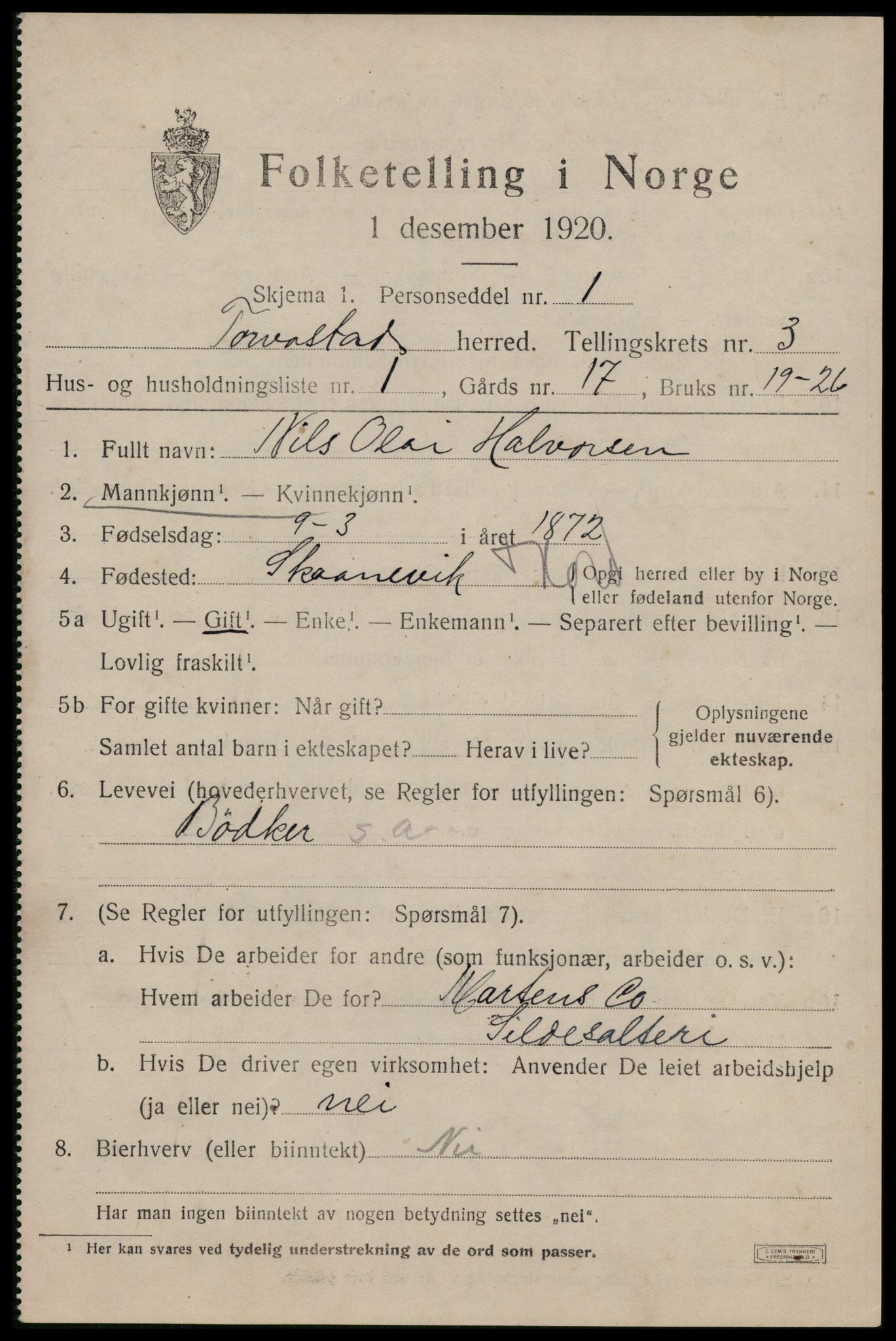 SAST, 1920 census for Torvastad, 1920, p. 2930