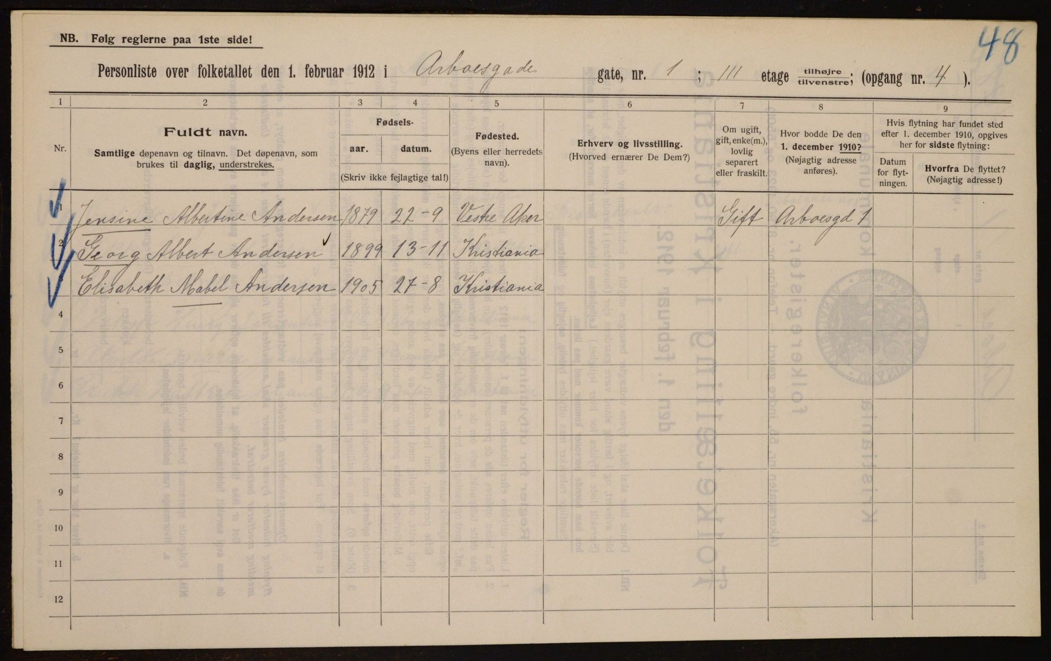 OBA, Municipal Census 1912 for Kristiania, 1912, p. 1640