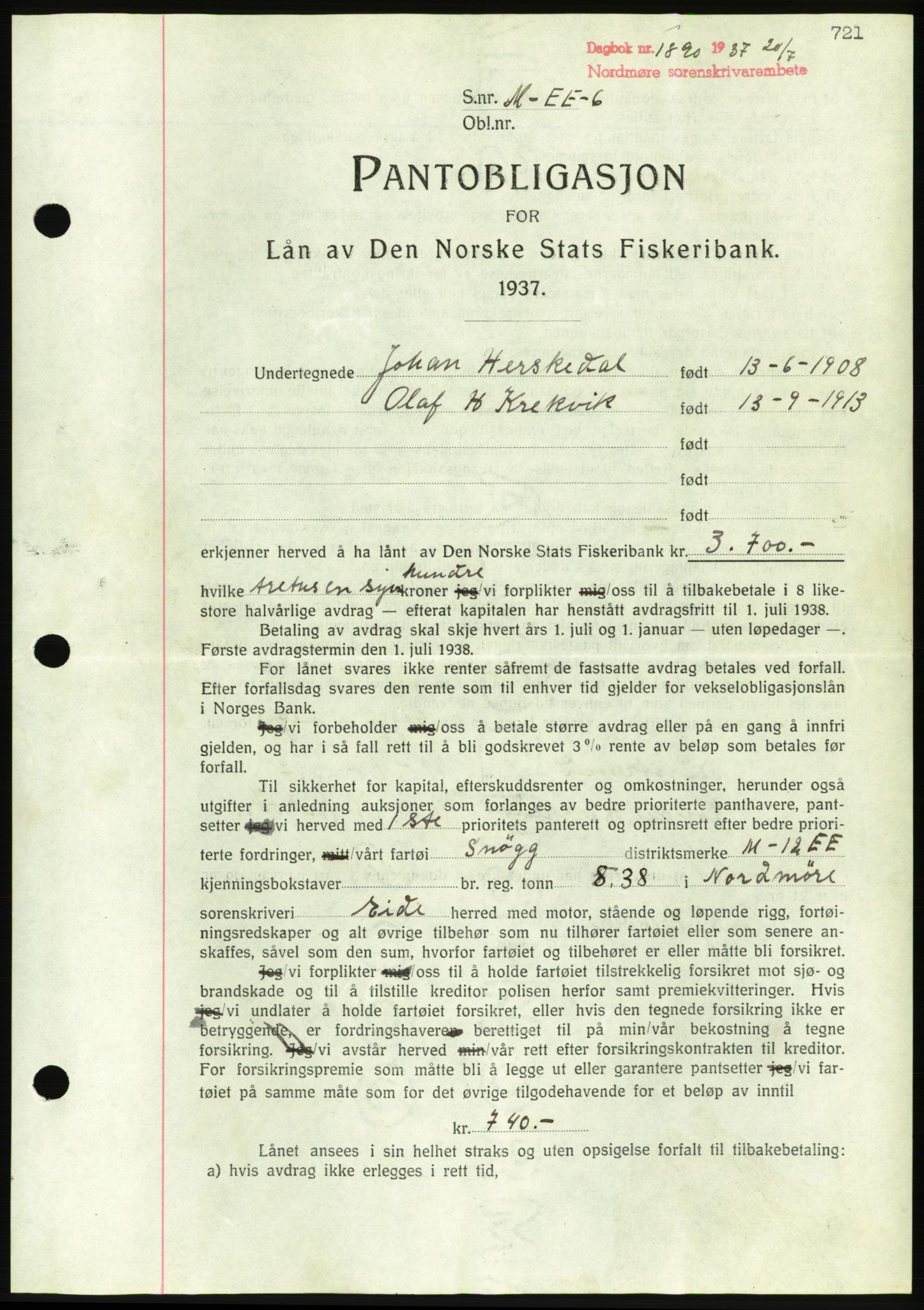 Nordmøre sorenskriveri, AV/SAT-A-4132/1/2/2Ca/L0091: Mortgage book no. B81, 1937-1937, Diary no: : 1890/1937