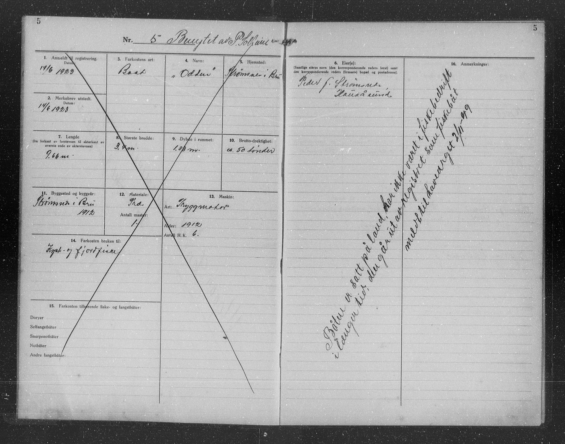 Fiskeridirektoratet - 1 Adm. ledelse - 13 Båtkontoret, SAB/A-2003/I/Ia/Iag/L0013: 135.0706/1 Merkeprotokoll - Bru, 1923-1946, p. 5