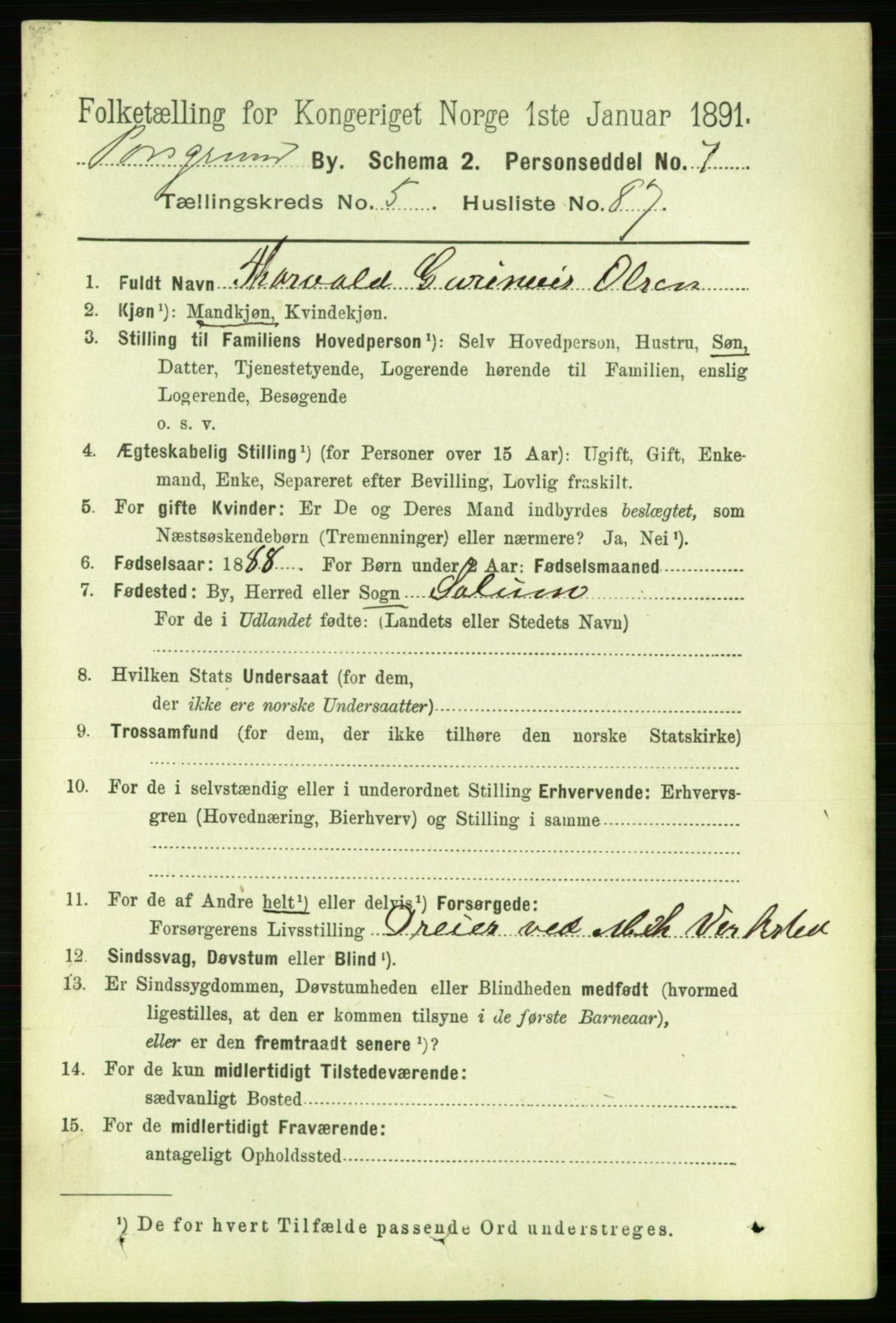 RA, 1891 census for 0805 Porsgrunn, 1891, p. 5092