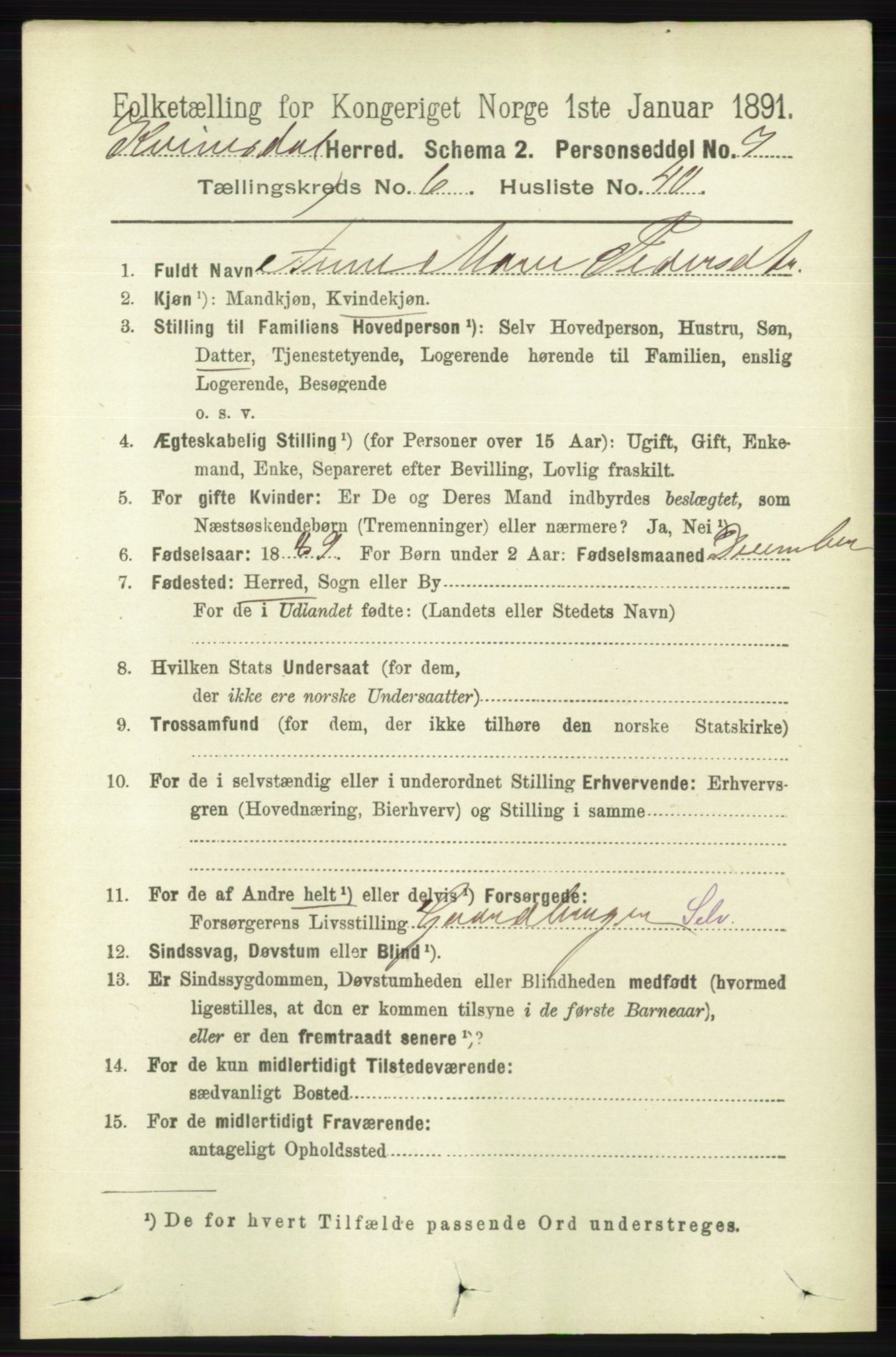 RA, 1891 census for 1037 Kvinesdal, 1891, p. 2323