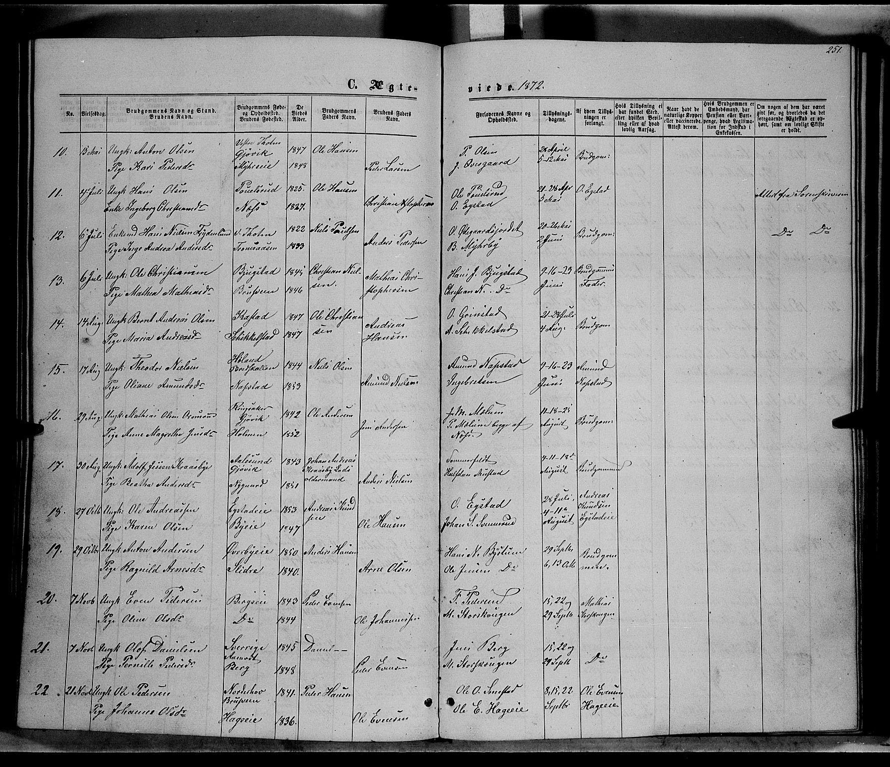 Vardal prestekontor, SAH/PREST-100/H/Ha/Hab/L0006: Parish register (copy) no. 6, 1869-1881, p. 251