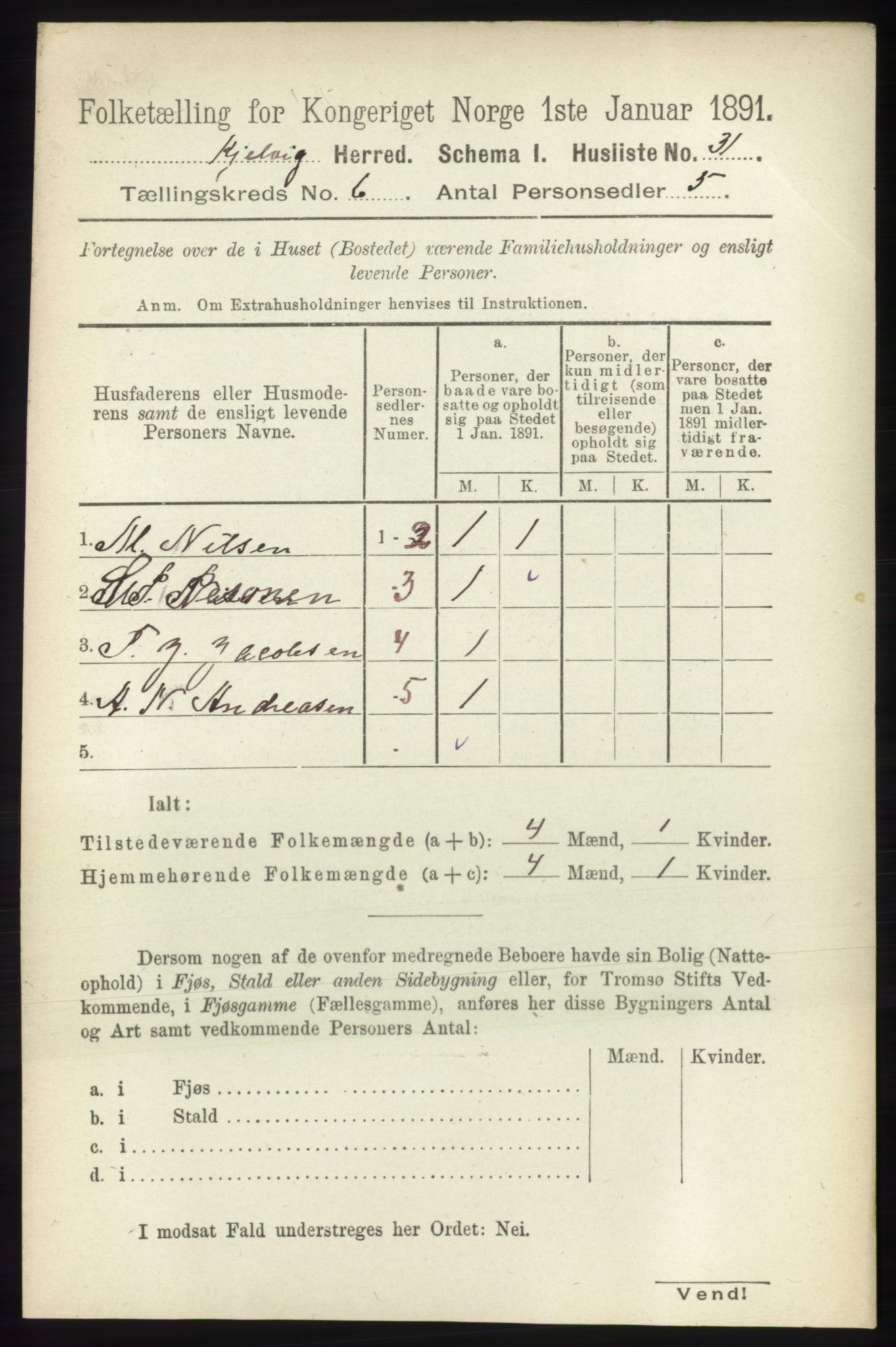 RA, 1891 census for 2019 Kjelvik, 1891, p. 615