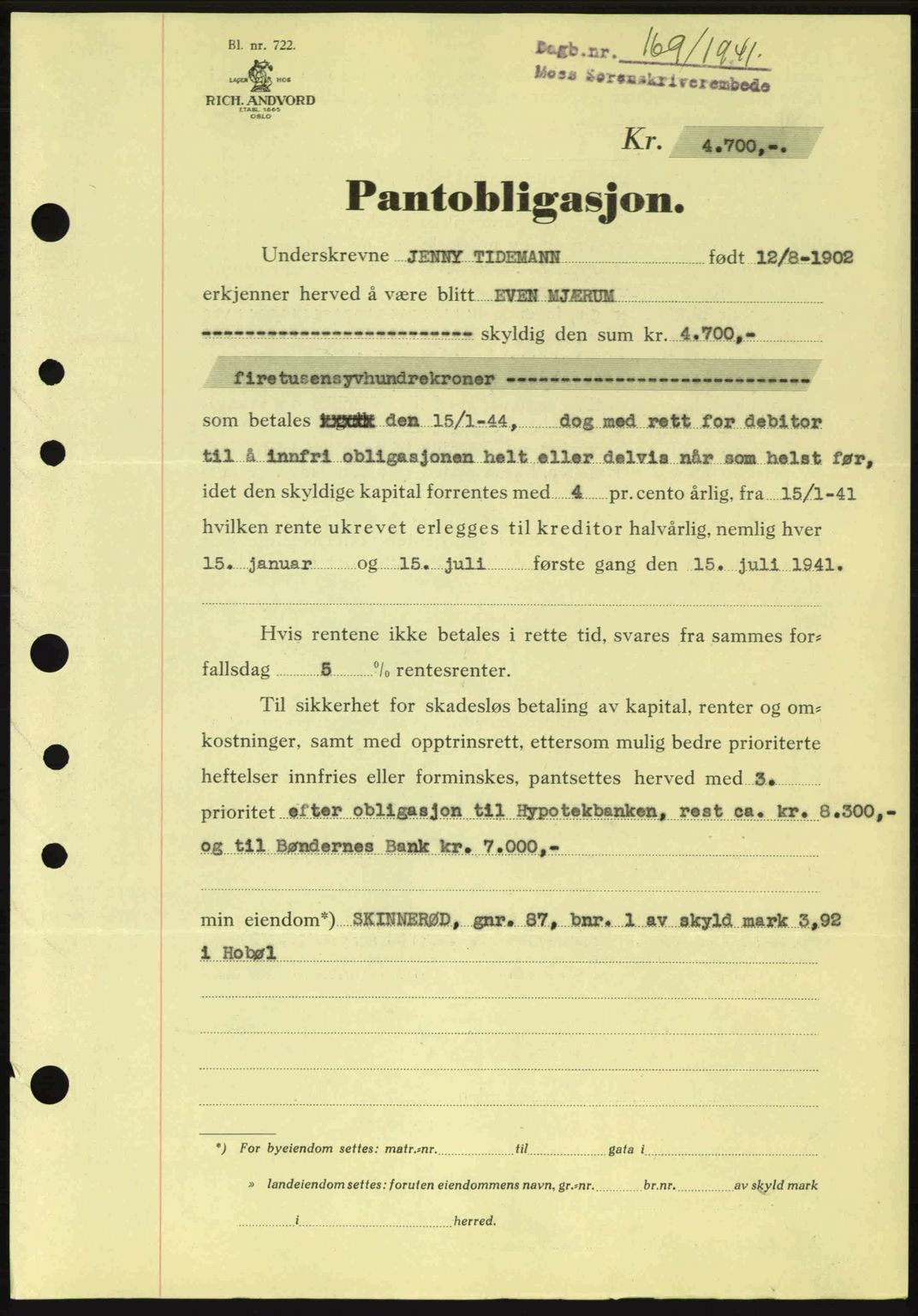 Moss sorenskriveri, SAO/A-10168: Mortgage book no. B10, 1940-1941, Diary no: : 169/1941