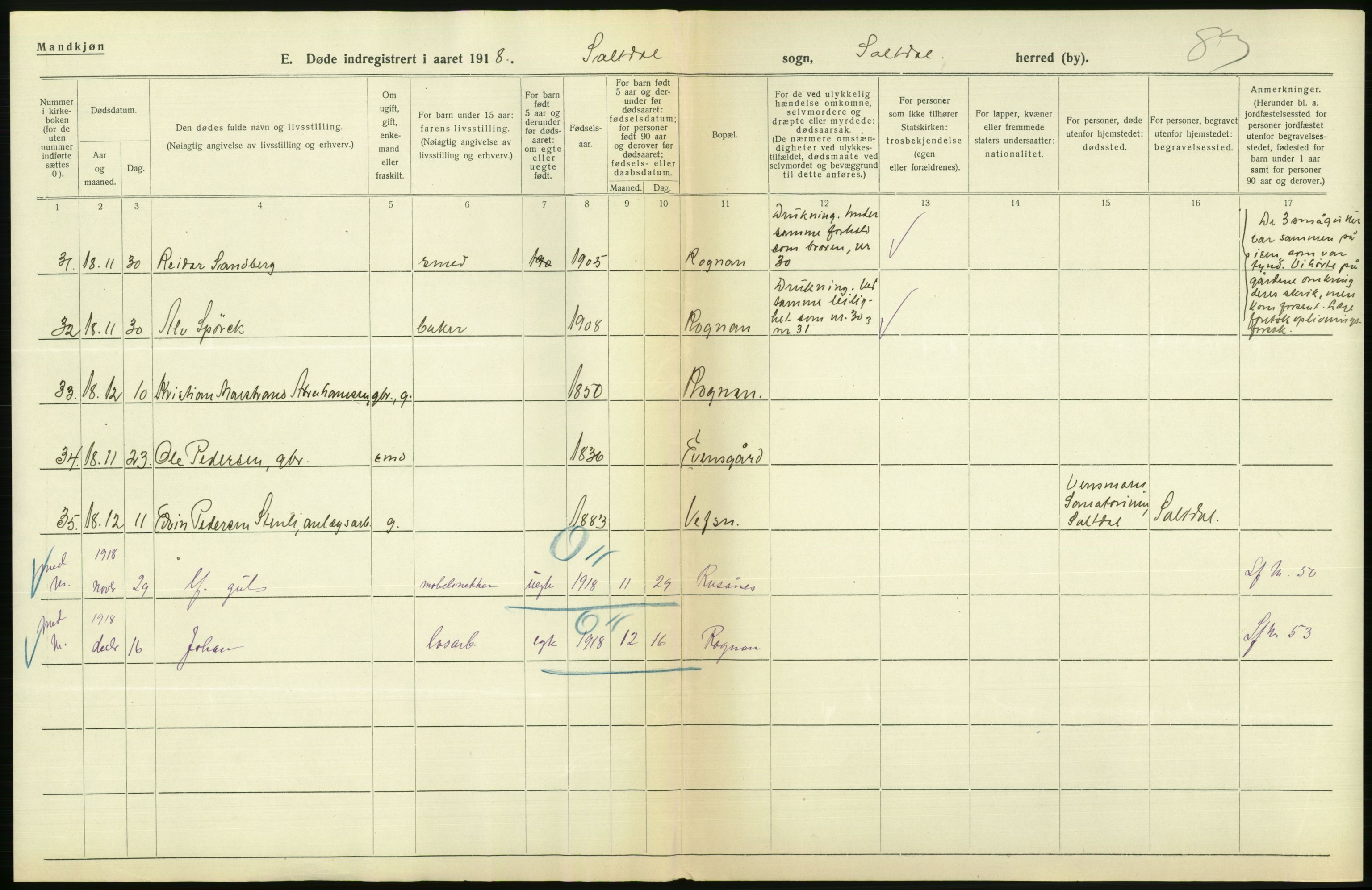 Statistisk sentralbyrå, Sosiodemografiske emner, Befolkning, AV/RA-S-2228/D/Df/Dfb/Dfbh/L0055: Nordland fylke: Døde. Bygder og byer., 1918, p. 324