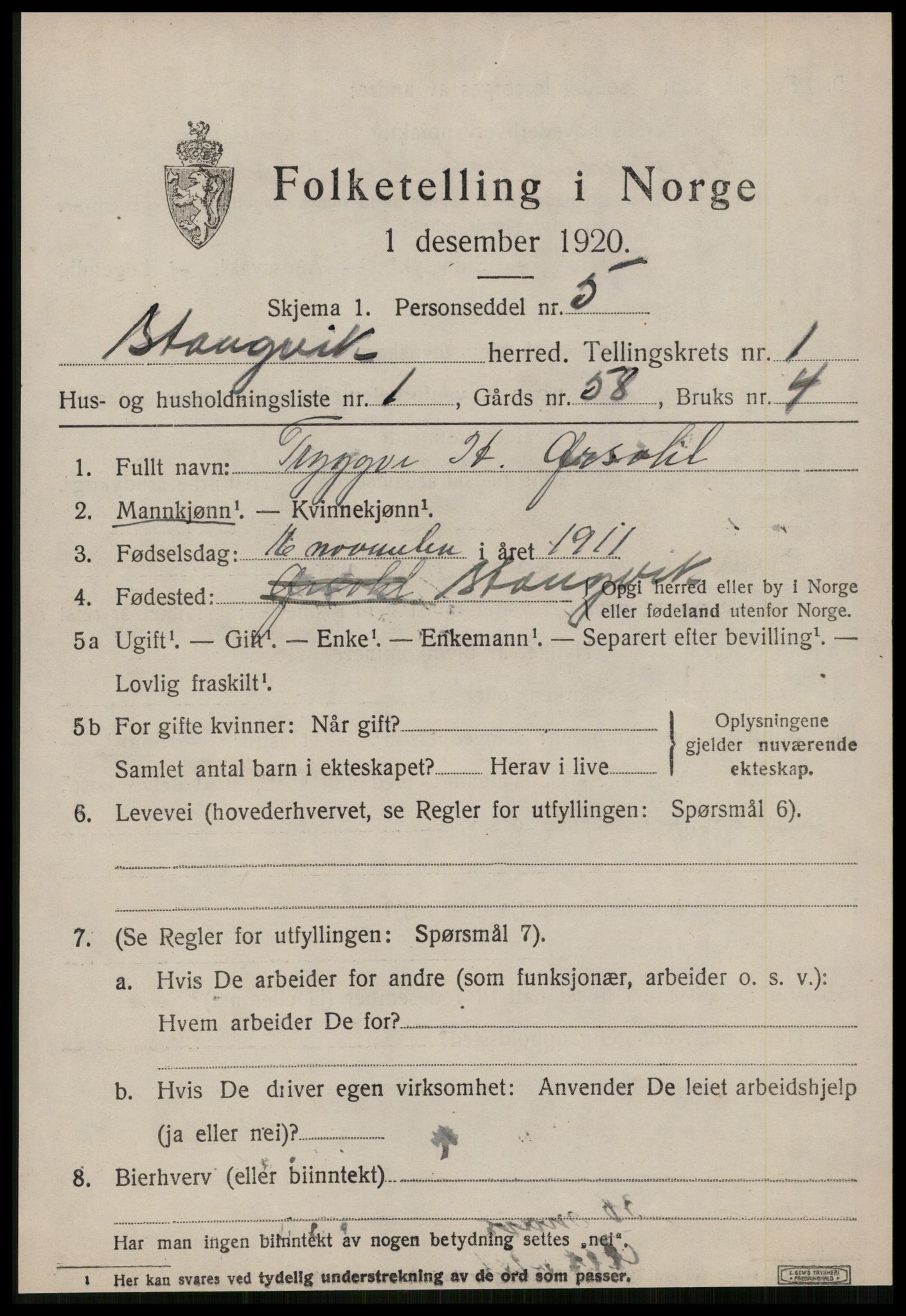 SAT, 1920 census for Stangvik, 1920, p. 776