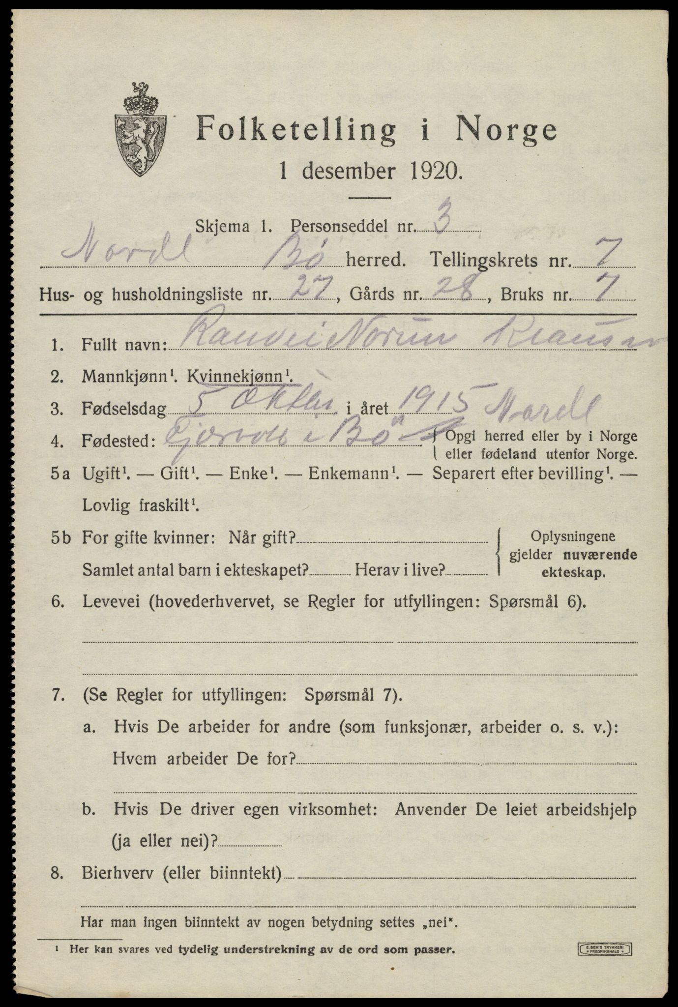 SAT, 1920 census for Bø, 1920, p. 6398