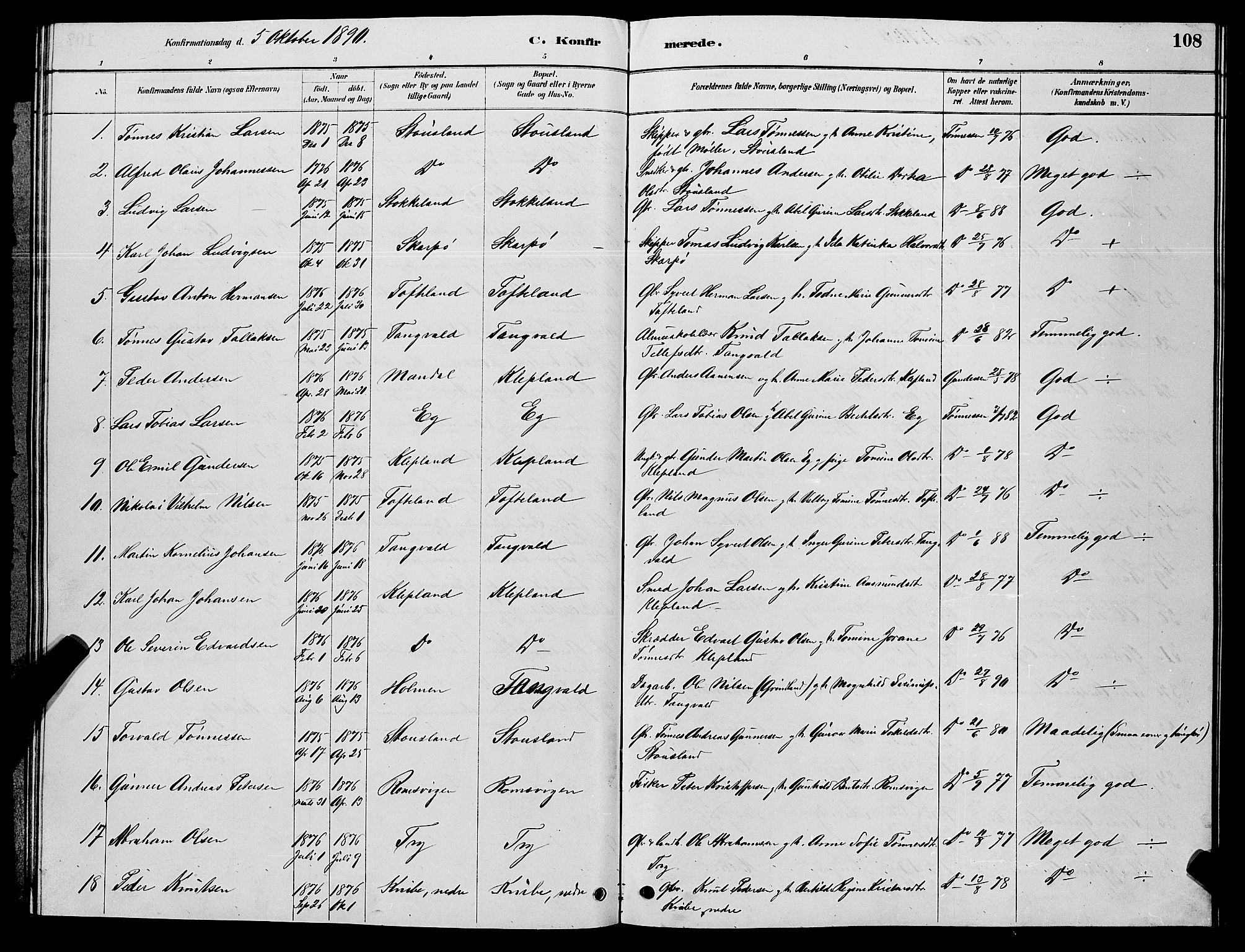 Søgne sokneprestkontor, SAK/1111-0037/F/Fb/Fbb/L0005: Parish register (copy) no. B 5, 1884-1891, p. 108