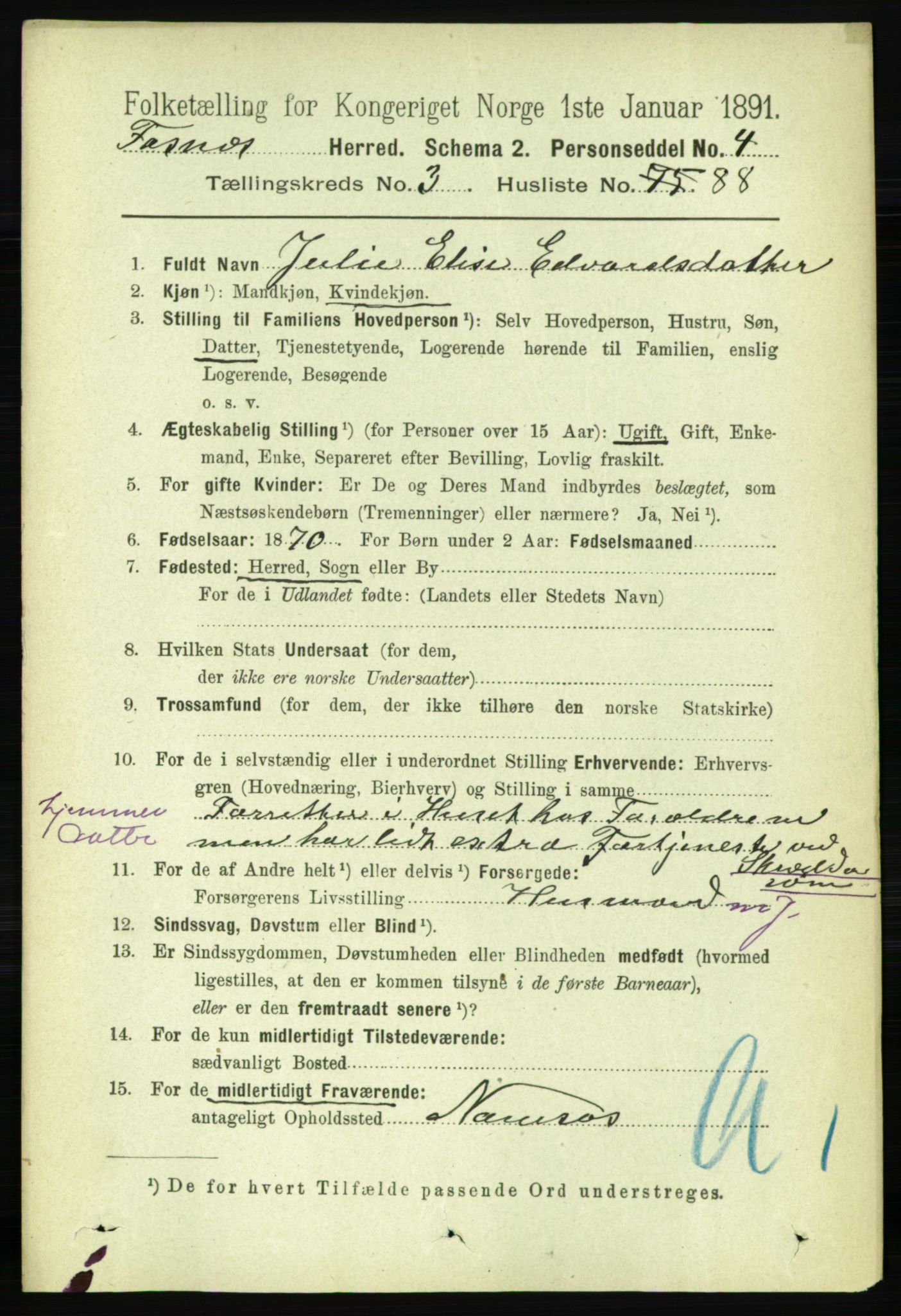 RA, 1891 census for 1748 Fosnes, 1891, p. 1328