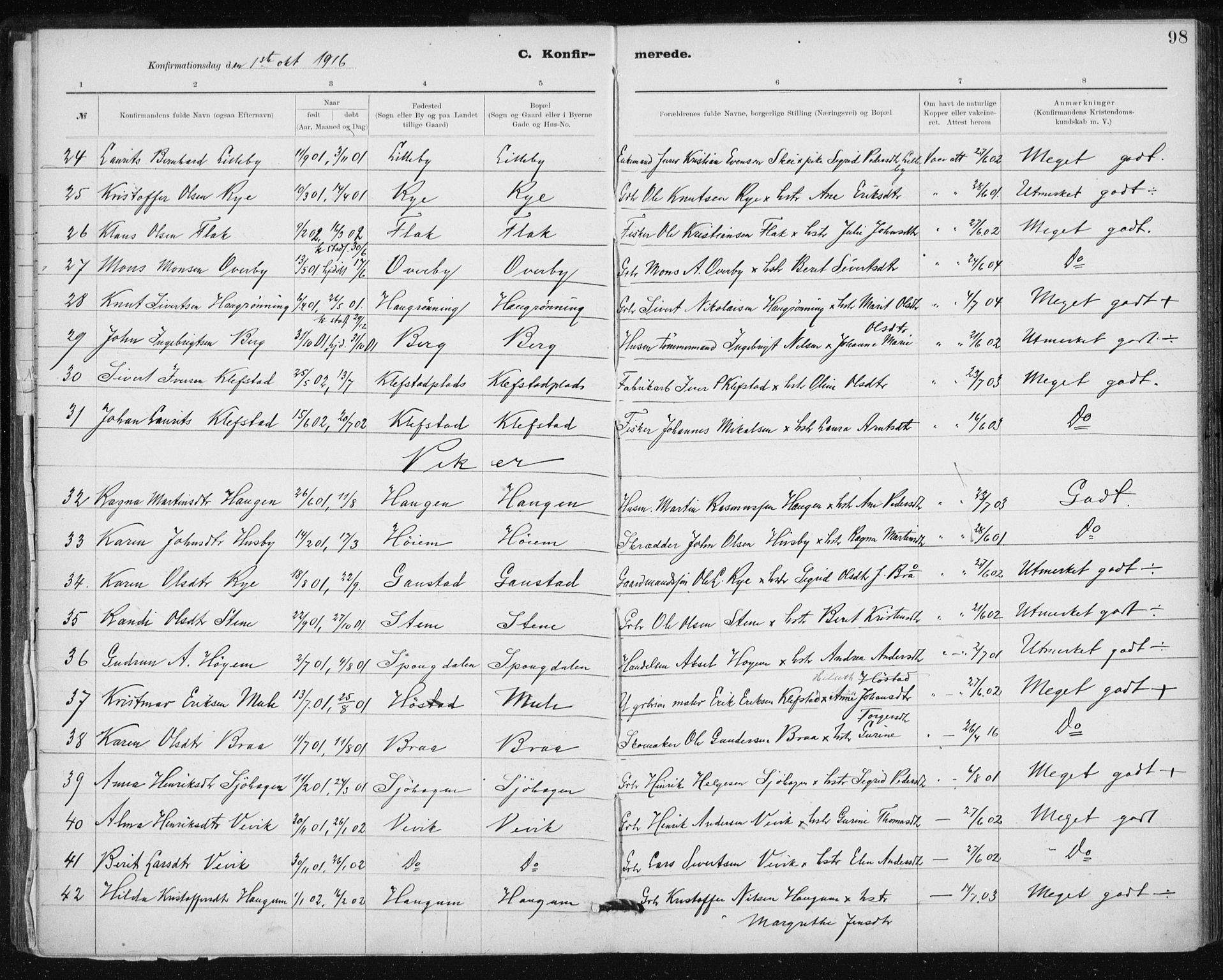 Ministerialprotokoller, klokkerbøker og fødselsregistre - Sør-Trøndelag, AV/SAT-A-1456/612/L0381: Parish register (official) no. 612A13, 1907-1923, p. 98